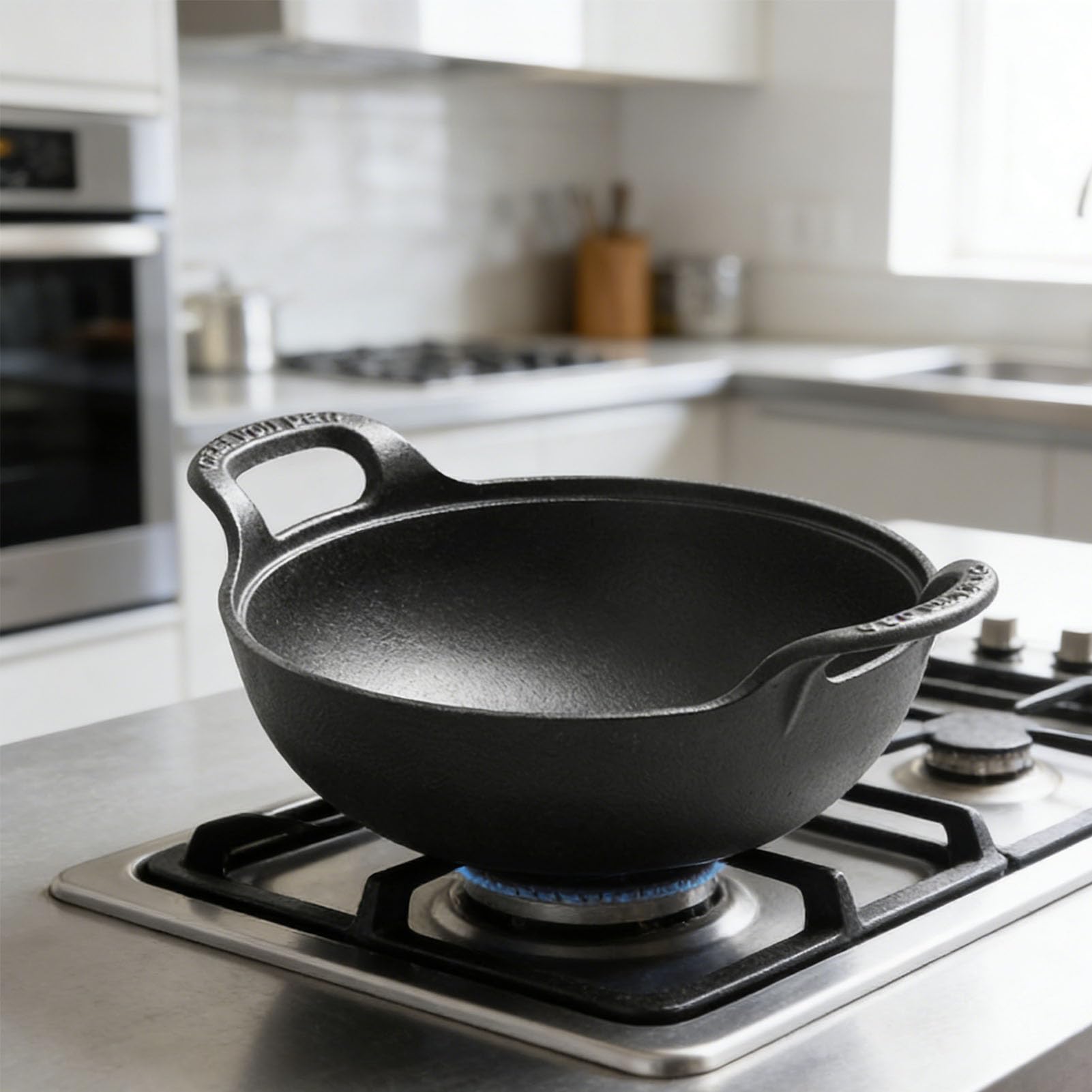 Wok in Ghisa con Doppi Manici, Coperchio in Legno, Pentola per Stufato Cinese Pre-stagionata, Pentole Calde in Ghisa per Piano Cottura a Induzione, 10,6x10,6x3,3 Pollici (BLACK)