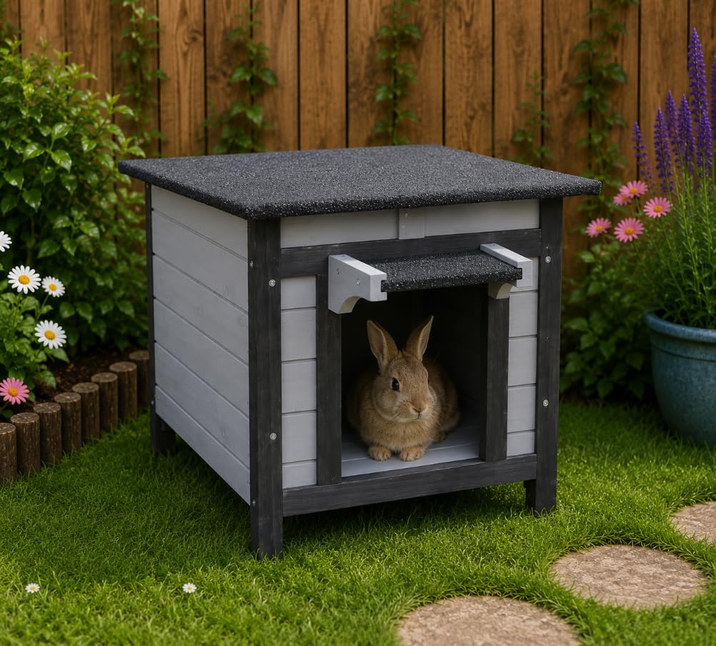 Bunny Business, nascondiglio in Legno per Conigli/porcellini d'India/Gatto, 50 x 42 x 43 cm, Grigio Scuro