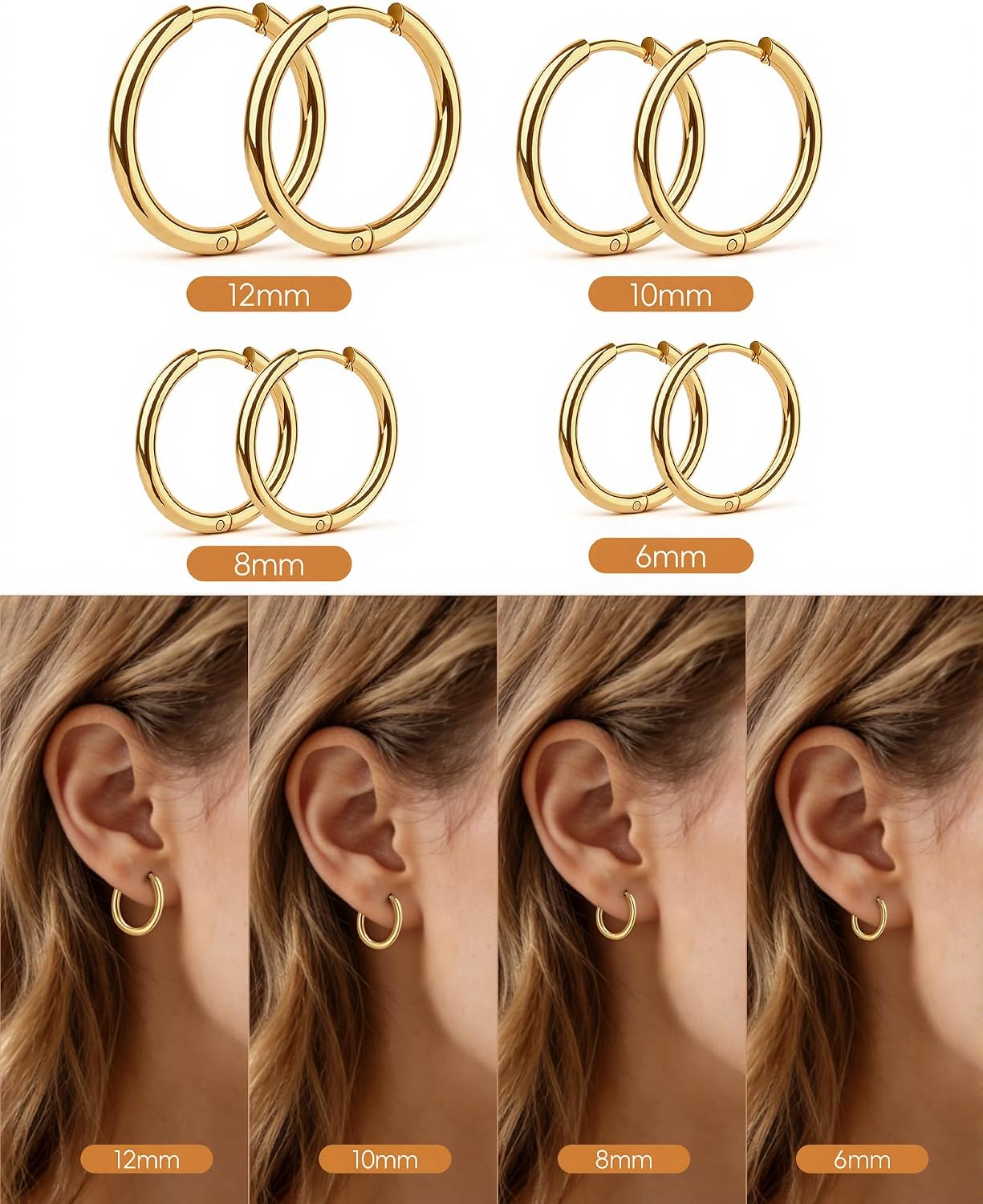 Small Huggie Hoop Earrings for Women Men, 4 Pairs Silver 14K Gold Plated 316L Surgical Stainless Steel Hypoallergenic Lightweight Hoops, Cartilage Earrings Stack Sets for Multiple Poercing Jewelry for Sensitive Ears (6/8/10/12mm)