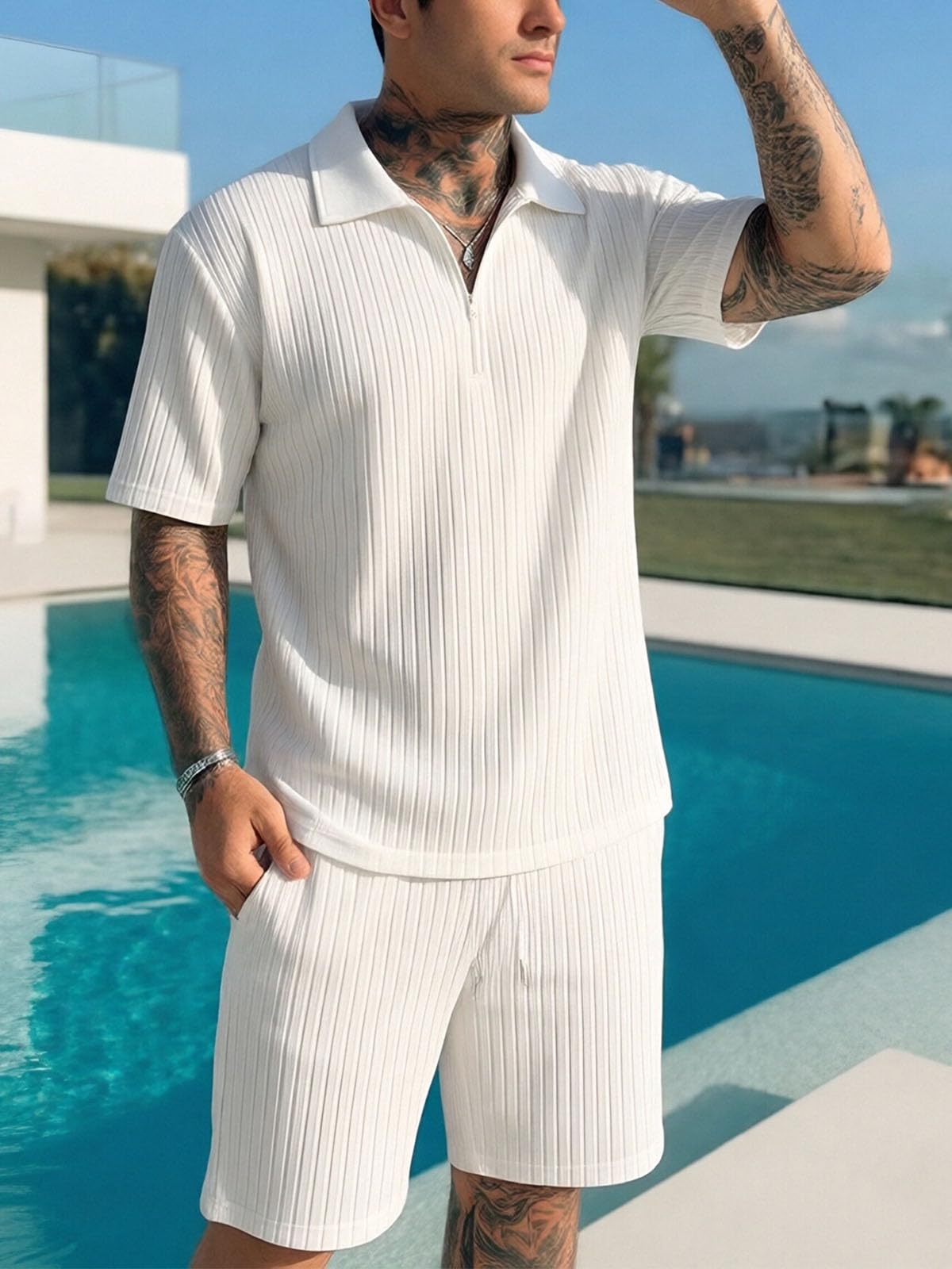 Conjunto Verano Hombre 2 Piezas Cremallera Camiseta y Pantalones Cortos Chándal con Bolsillos