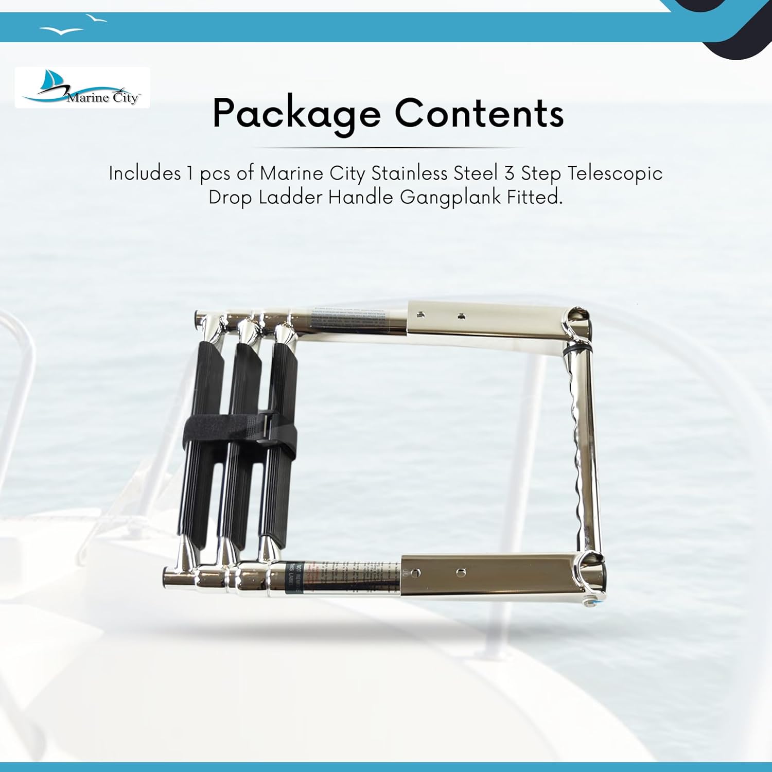 MARINE CITY Telescopic Drop Ladder with Gangplank Handle – Stainless Steel Folding Boat Ladder with Non-Slip Rubber Steps, Corrosion-Resistant for Marines Boats & Yachts