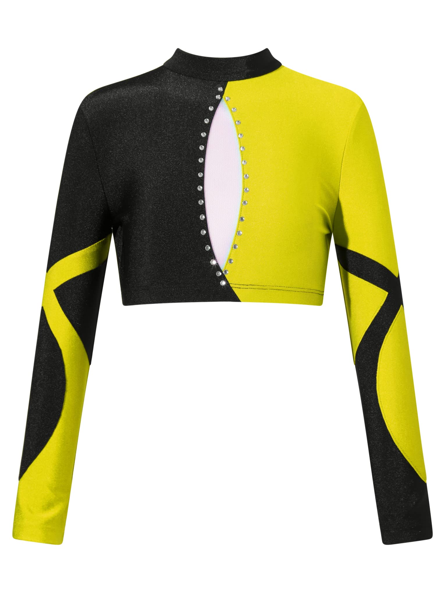 JanJean Kids Girls Long Sleeve Shiny Rhinestone Dance Crop Top for Hip Hop Jazz Streetwear Performance Show Yellow 6 Years