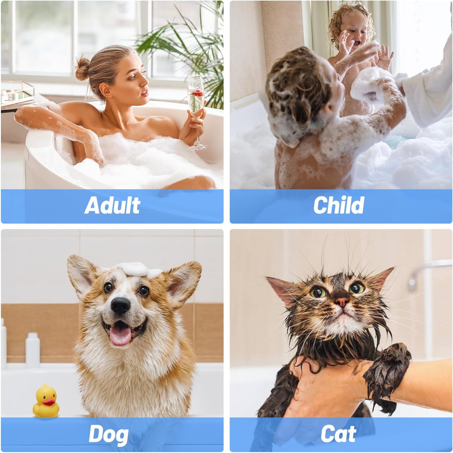 Images showing the shower head being used for adults, children, dogs, and cats