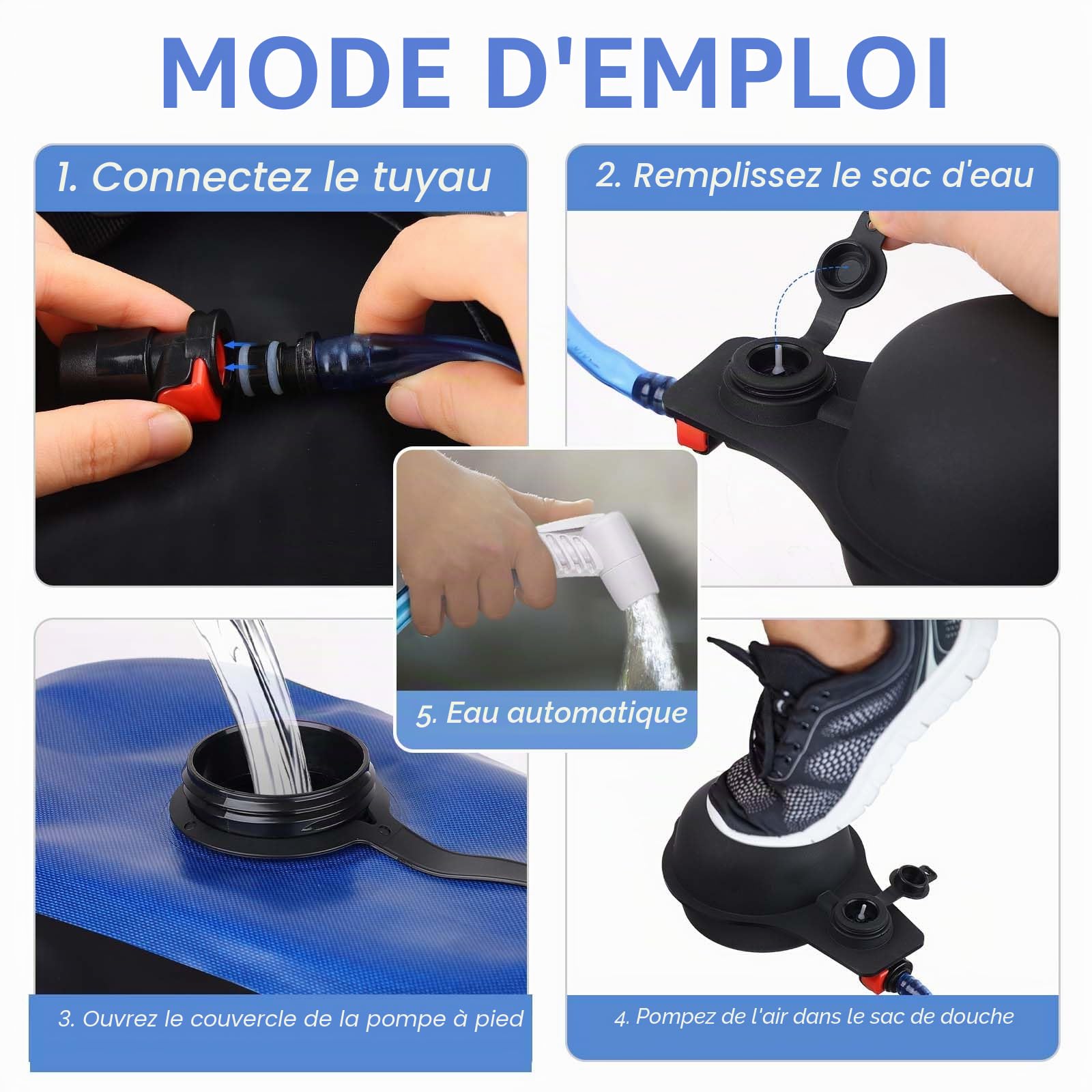 Douche de Camping Portable 20 L avec thermomètre et Pompe à Pied | TPU résistant, poche pliable, fenêtre transparente, double raccord, tuyau amovible, débit réglable, randonnée, plage, animaux
