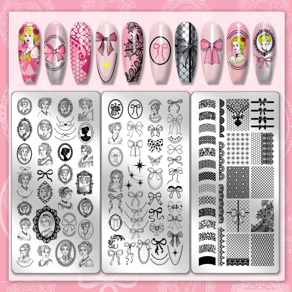 PH PandaHall 3pcs Retro Lady Portrait Nail Stamp Plates Bow Tie Nail Arts Templates Lace Ribbon Nails Art Stencils Vintage Style Nails Image Plates for Women DIY Manicures Salon Design Printing - Image 3