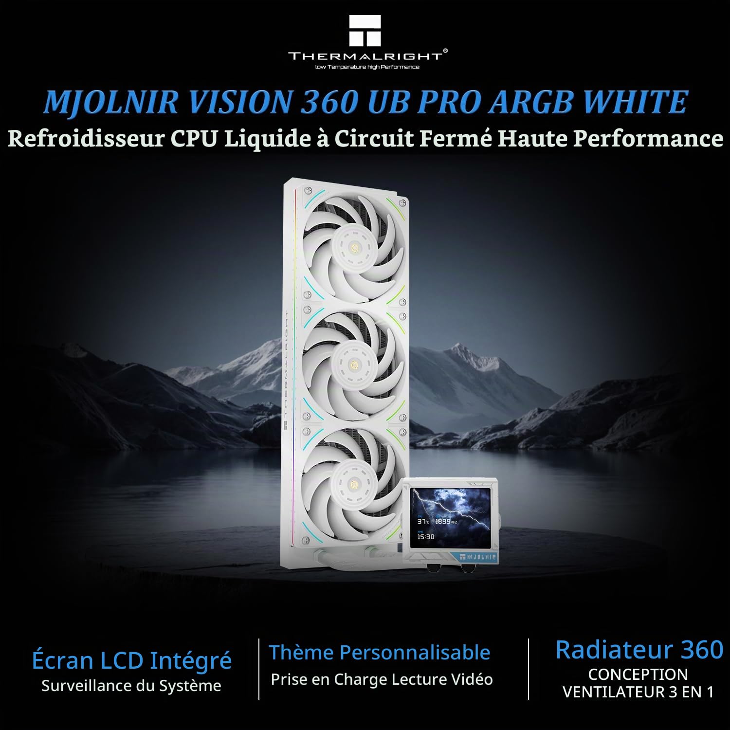 TR Mjolnir Vision 360 UB PRO ARGB White Aio CPU Liquid Cooler,IPS Screen with 640x480 Resolution,3-in-1 Exhaust Fan,for AM5/Intel LGA1851/1700