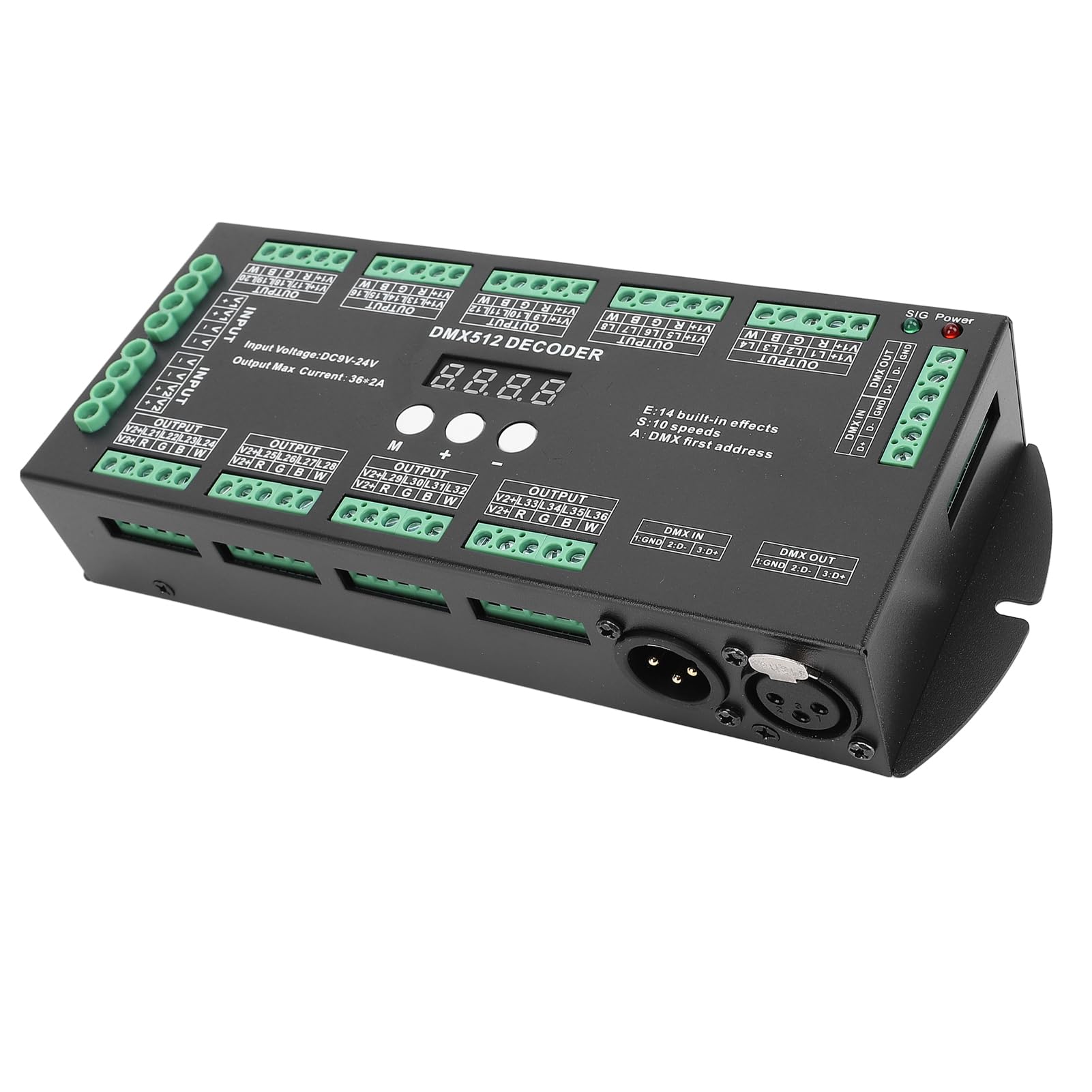 Focket Kontroler DMX, Dekoder RGBW z Wyjściem 36CH 2A, Kontroler Taśm LED z 14 Wbudowanymi Trybami Testowymi Cyfrowy Wyświetlacz Adresowy dla Taśm LED RGBW Moduł Światła Oświetlenie Sceniczne
