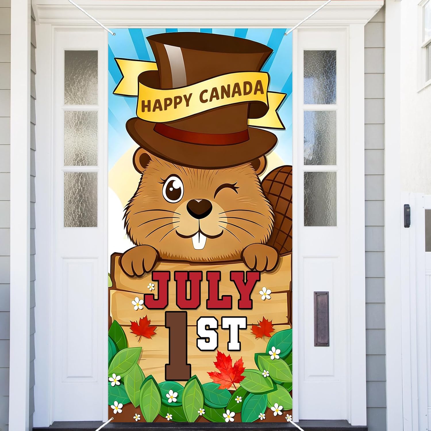 Canada Day Door Banner Canadian Patriotic Decorations Cute Beaver Cartoon Flag Hanging Poster Happy July 1st Maple Leaf Entrance Way Outdoor Home Front Wall Welcome Decor