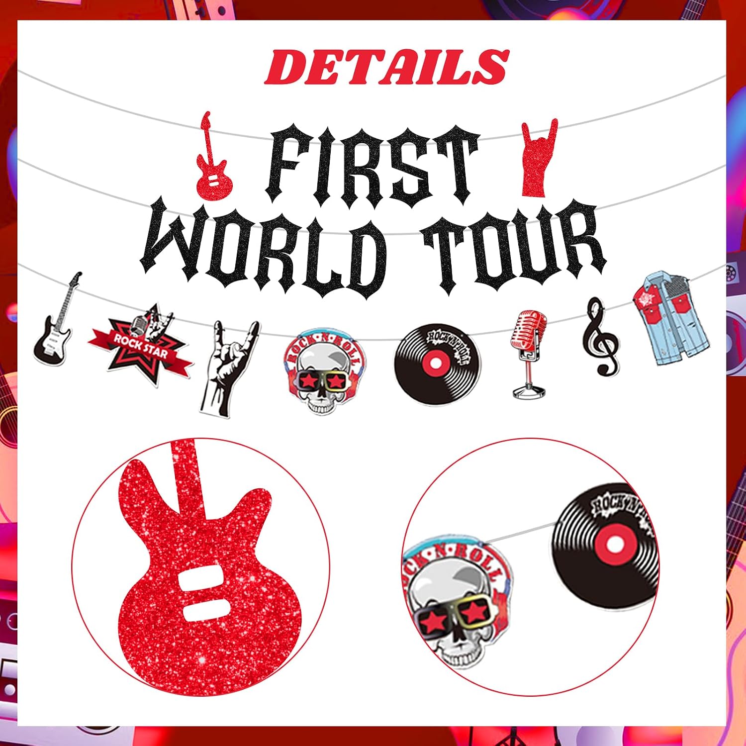 Rocks 1st Birthday Decoration Red Black First World Tour Birthday Banner Born To Rock Garland Rock N Roll Party Decor Rock And Roll First Birthday Rock Music Party Supply for 1st Birthday