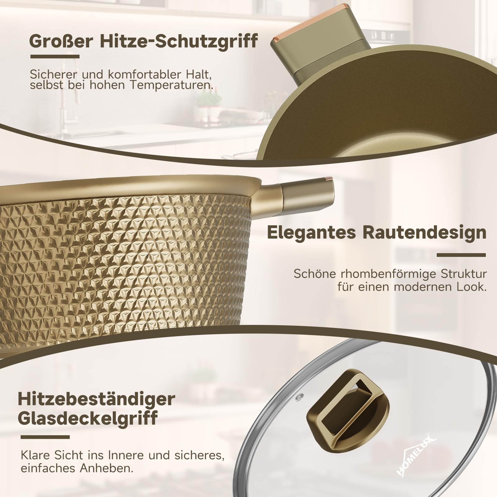 HOMELUX Topfset Induktion 8-teilig, Kochtopf Set mit Glasdeckel | 20/24/28/32cm Aluminiumguss, Antihaftbeschichtet, für Alle Herdarten, PFOA/PFOS-frei, Facettenoptik & Braun