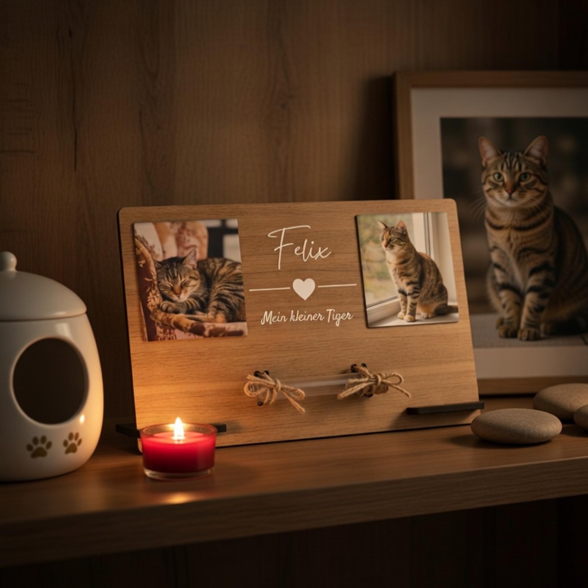 CHRISCK design Andenken an verstorbene Katze - personalisierter Katzen Gedenkrahmen mit Fotos & Glasröhrchen für Katzenhaar oder Asche - Erinnerungsrahmen aus Holz - Gedenkstätte & Trauergeschenk