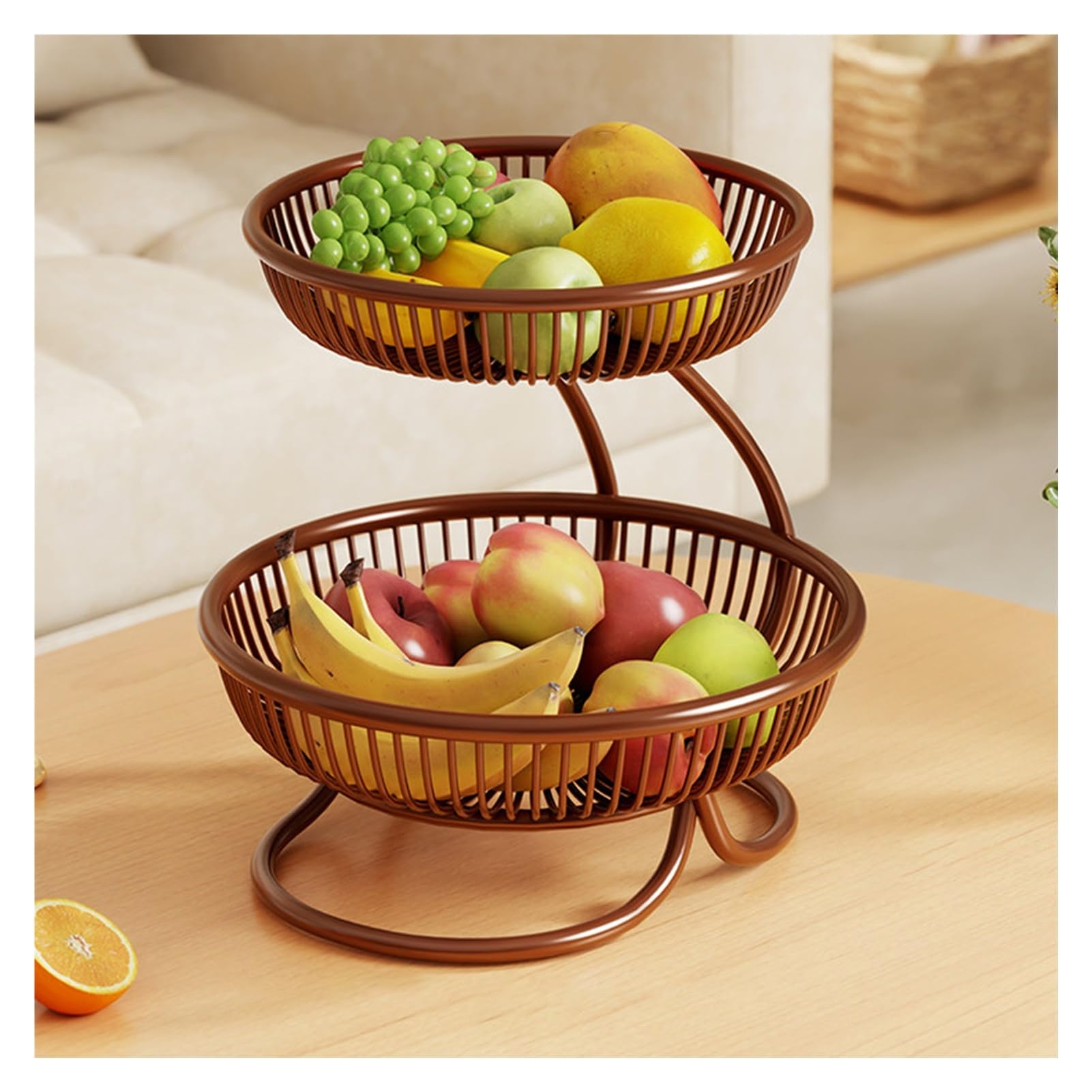 XCSDEW Wrought Iron Fruit Rack,Floor-standing Shelf,Double-layer Snack Storage ,Openwork Design,Suitable for Living Room(Color1,28x28.5x30cm)