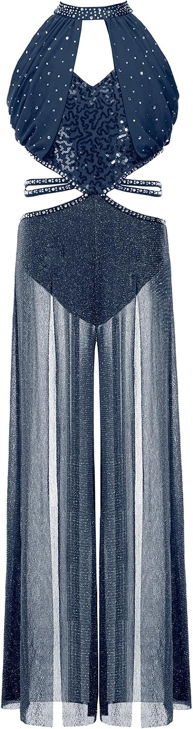 Linjinx Kids Girls Sparkly Gymnastics Leotard Figure Ice Skating Jumpsuit Lyrical Dance Wide-leg Bodysuit for Performance