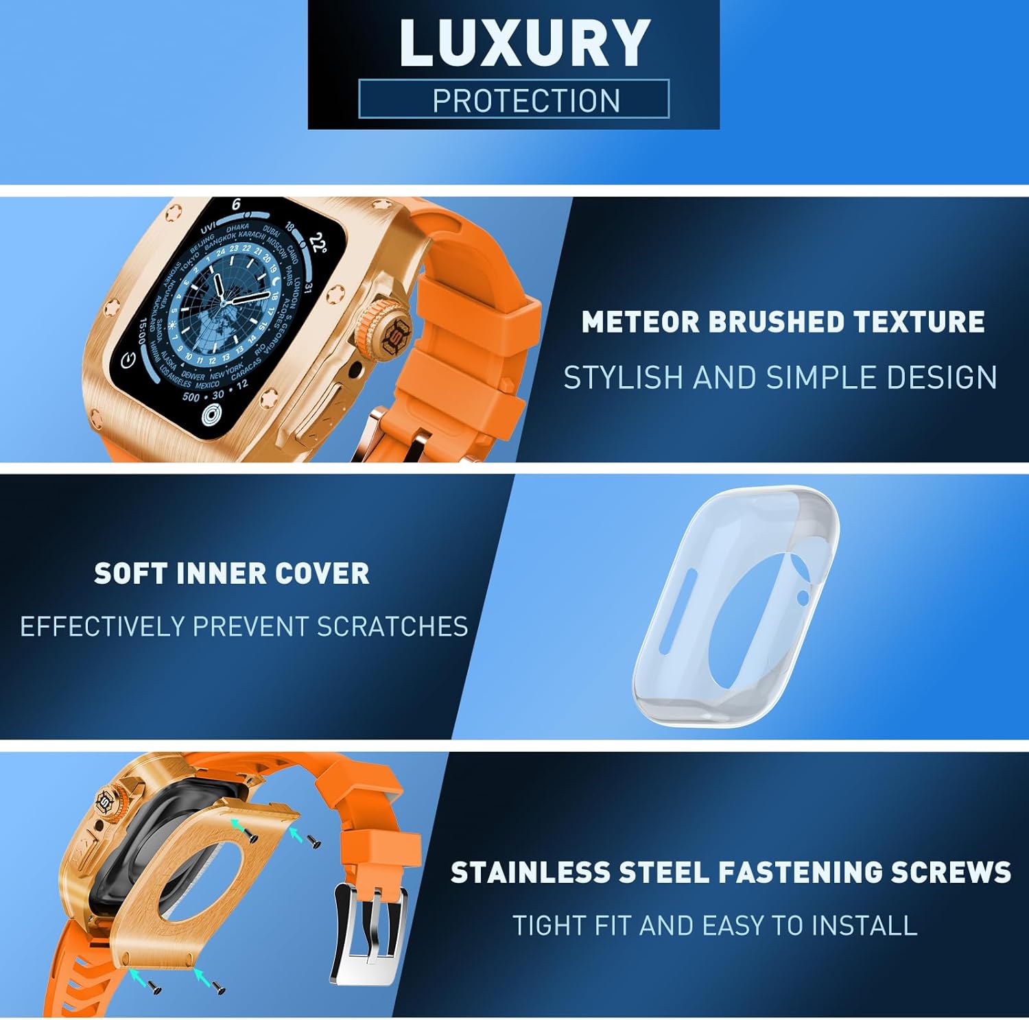 Premium Watch Band Compatible with Apple Watch Series 9/8/7/SE2/6/5/SE/4, Stylish, Durable, and Enhanced Protection for Your Device - Metal iWatch 44mm/45mm Protective Case (Rose Gold)