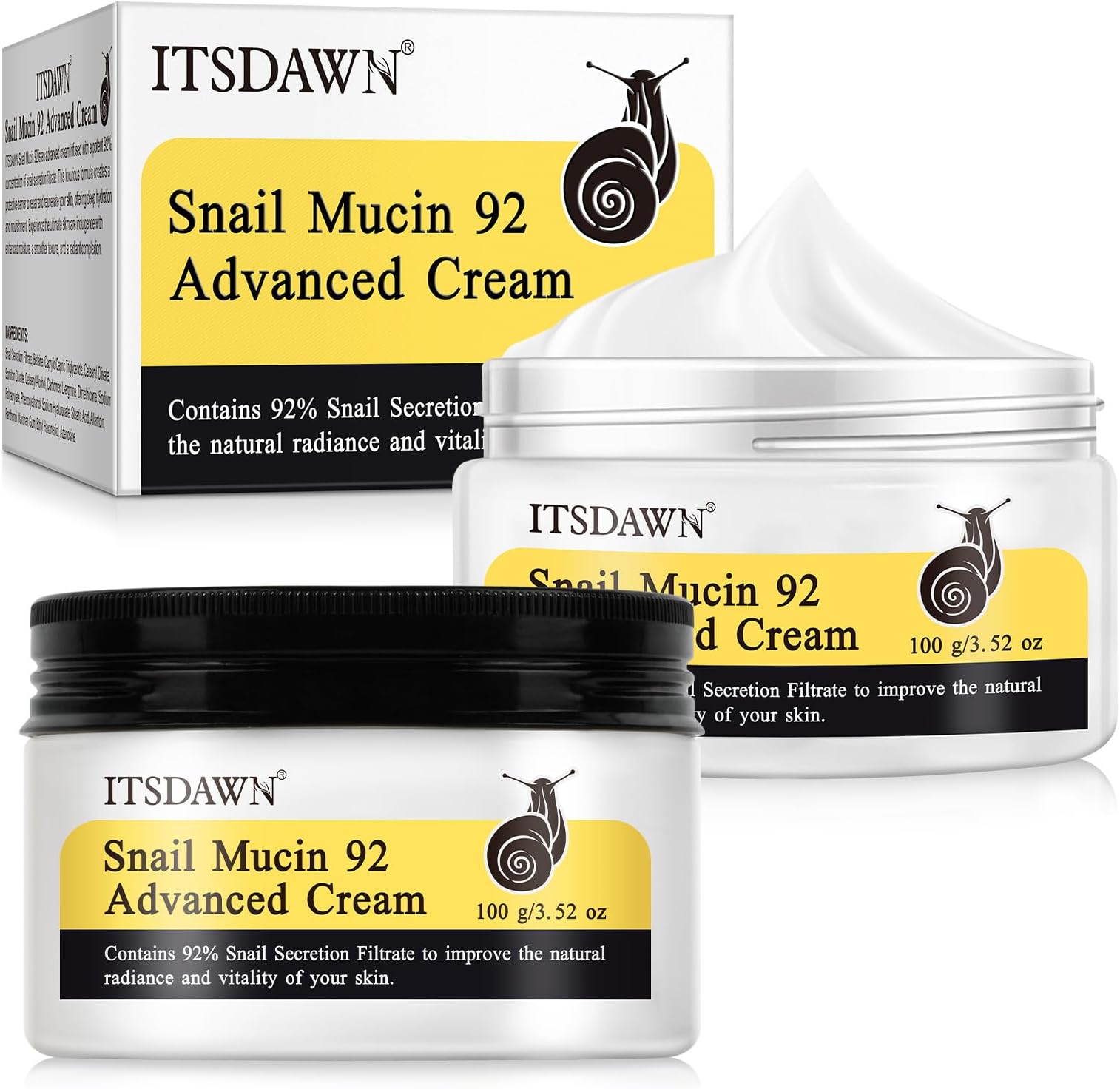 2 Pack Snail Mucin 92% Face Cream 100g, Moisturizer Hydrating Cream for Dry & Sensitive Skin, All Skin Types