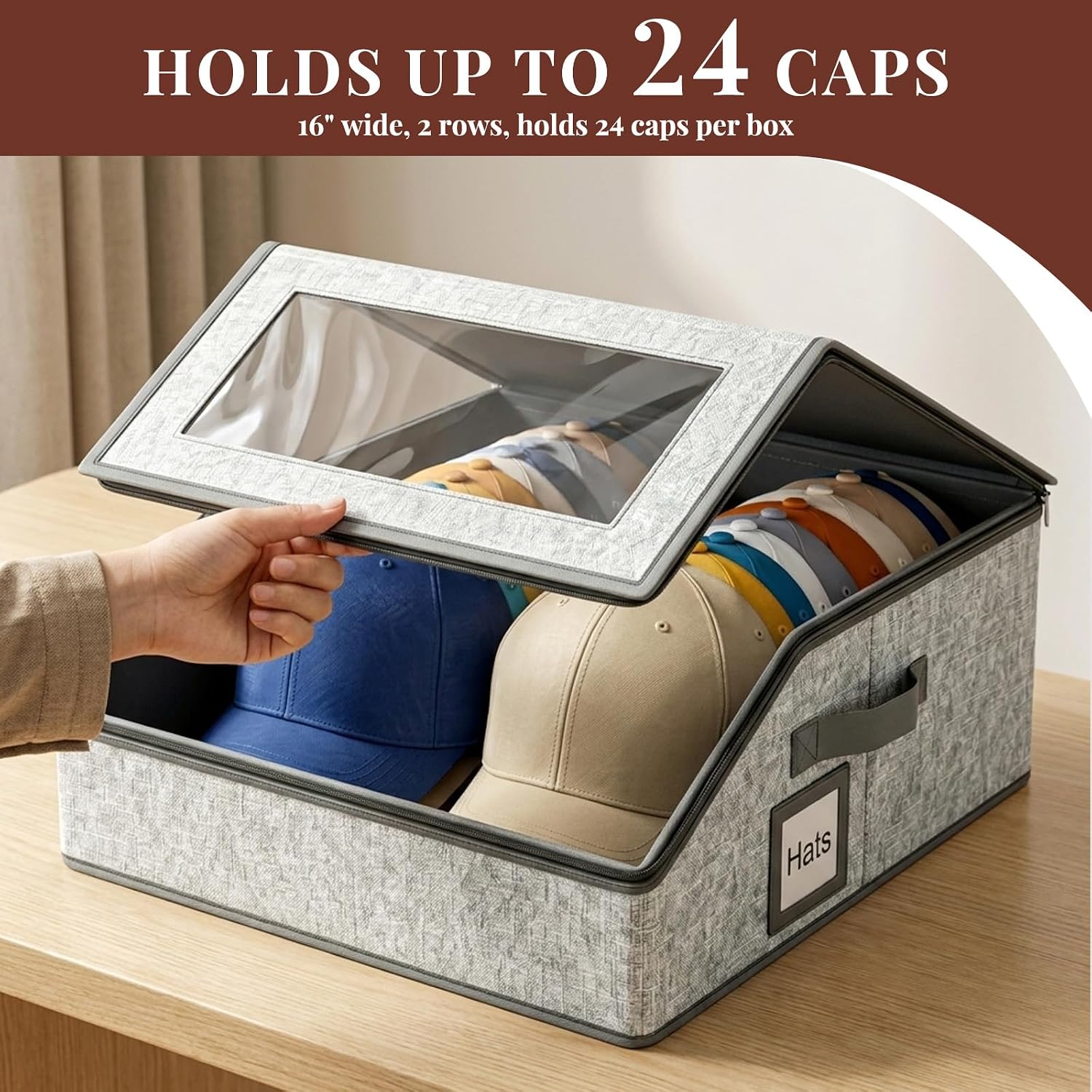 ALSLEA Large Hat Organizer for Baseball Caps, Sturdy Hat Storage Box for Closet, Stackable Clear Window Cap Holder Case with Cardboard, Dustproof Cap Container for Bedroom, Holds up to 24 Hats, Grey