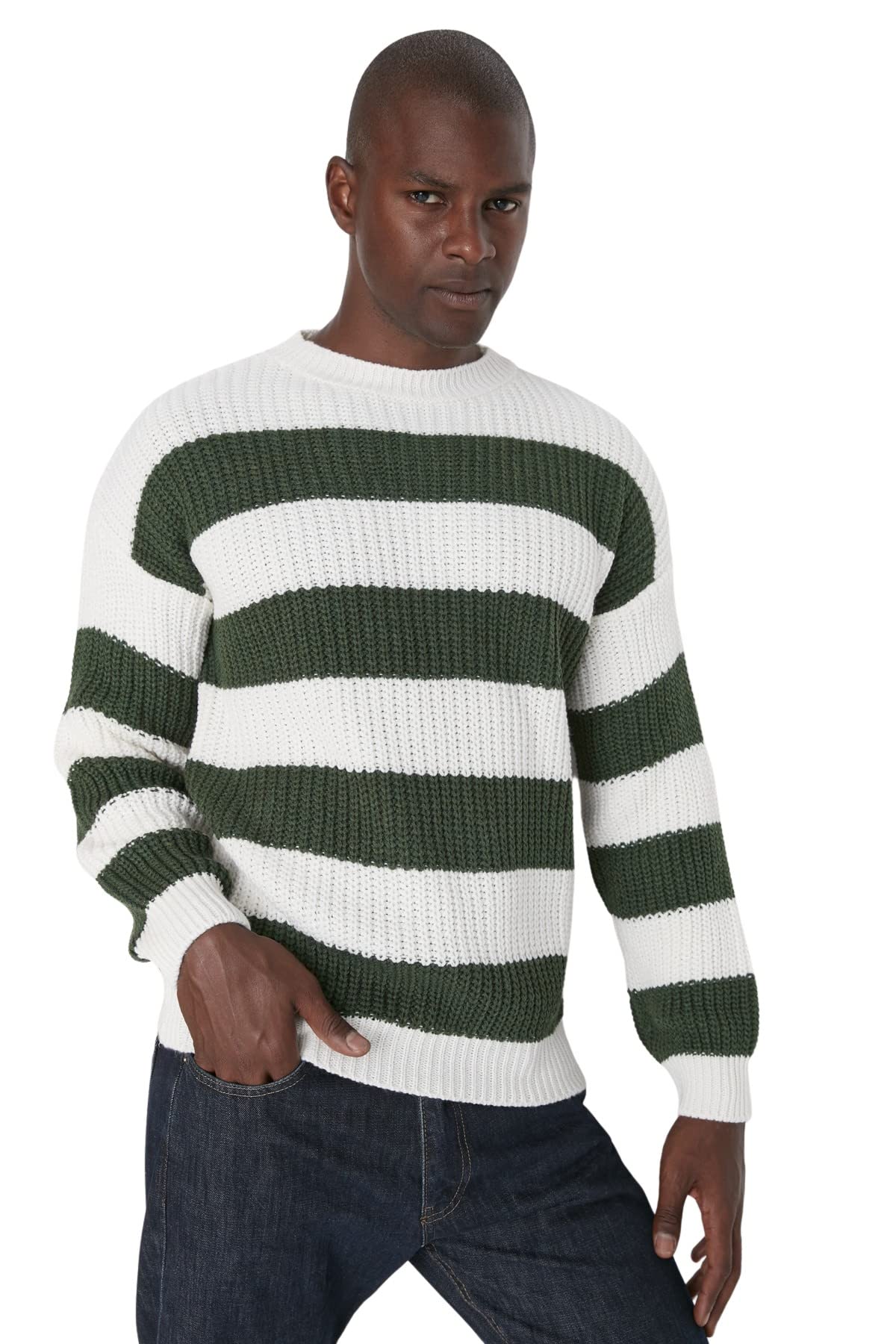 Trendyol Man Oversize Basic Crew Neck Knitwear Sweater Grün