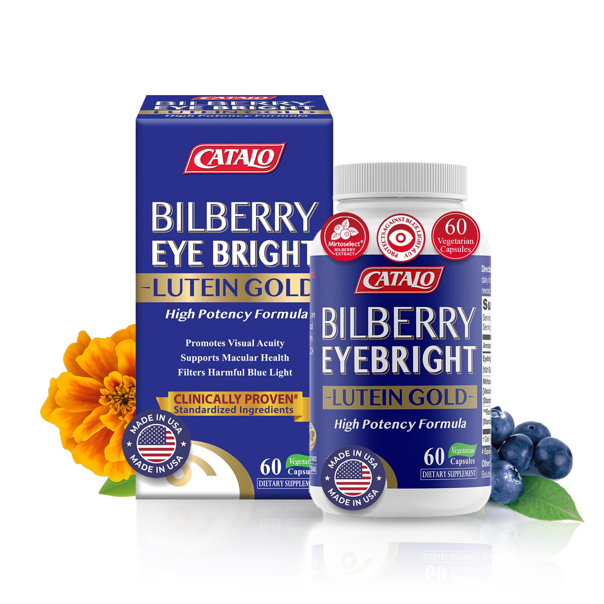 CATALO Bilberry Eyebright Extract Gold - Supports Dry Eyes - Eye Vitamins with Bilberry Lutein and Zeaxanthin Supplements for Eye Wellness, Halal Cert - 60 Capsules