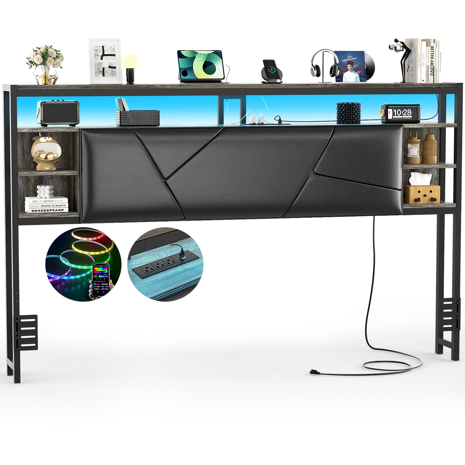 Headboard for King Size Bed, Sturdy Upholstered King Head Board with 3 Outlets and 2 USB Ports, Solid Headboards with Smart RGB LED Light and Storage Shelves, Easy Assembly, Black Oak