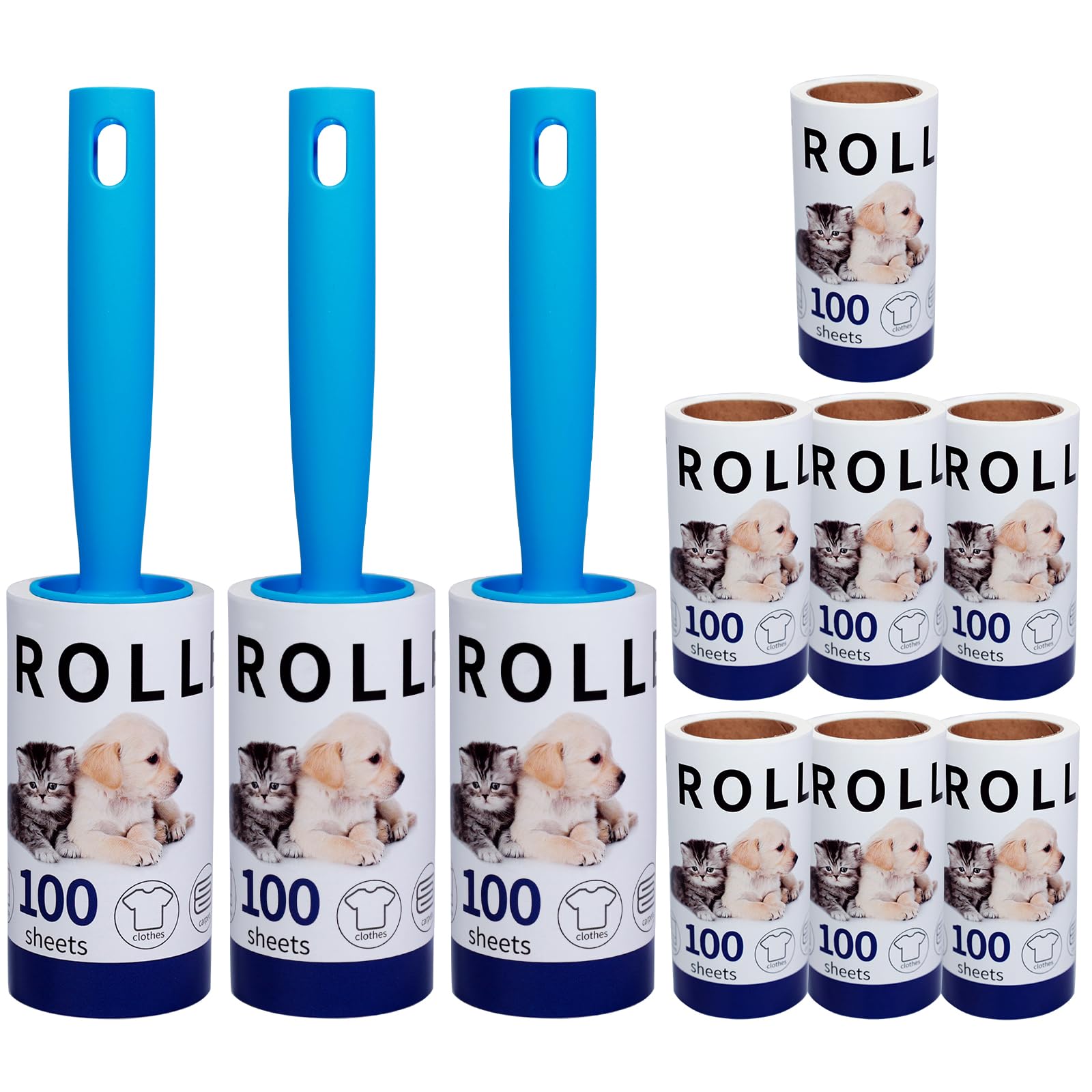 Rotolo di pelucchi extra appiccicoso Mega Value Set 1000 fogli, con 3 maniglie rullo peli animali, Lint Roller per vestiti peli di animali Set di 10.