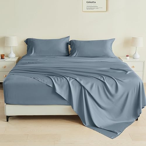 GOKOTTA King Size Bed Sheets 4 Piece Set, 100% Rayon Derived from Bamboo, Cooling for Hot Sleepers-Luxury Breathable Soft Sheets, Deep Pocket 16" Fitted Sheet with Elastic Corner Straps, Blue