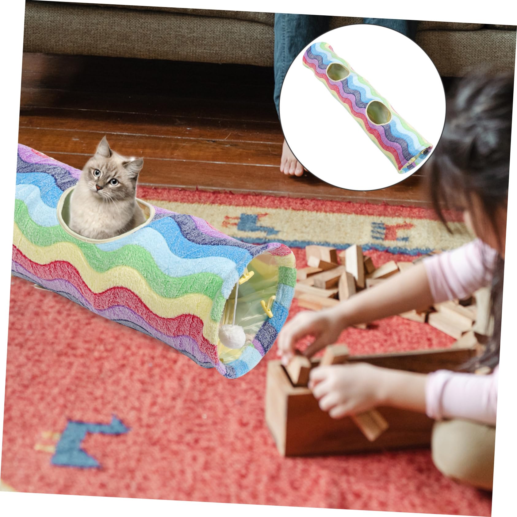 Spielzeug zum Erkunden und Spielen aus Flanell mit Regenbogenmuster Katzentunnel Faltbarer Katzen Tunnel Fördert Bewegung und Neugier der Katze
