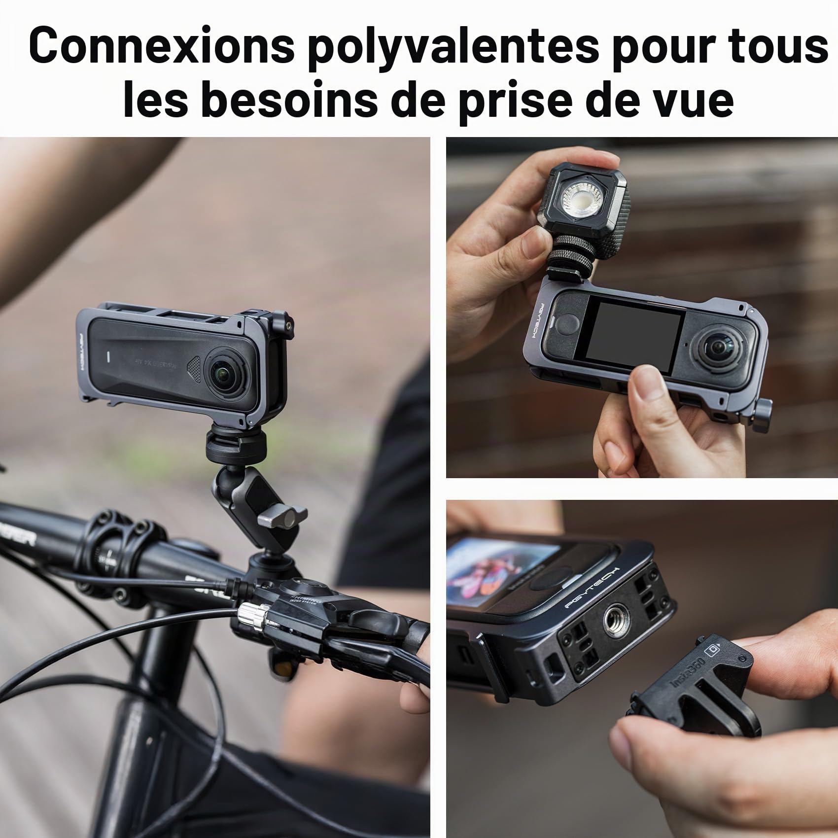 PGYTECH Cage de Caméra pour Insta360 X4 Air, Protection Alliage Aluminium avec Verrouillage, Cadre Cold Shoe, Filetages 1/4 Pouce, Cache-Objectif Silicone
