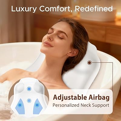 Bath Pillow for Tub, Adjustable Silicone Bathtub Pillows for Head and Neck, 0"–2.3" Neck Support, 34 Suction Cups, Easy to Clean, No Machine Wash Needed (White)