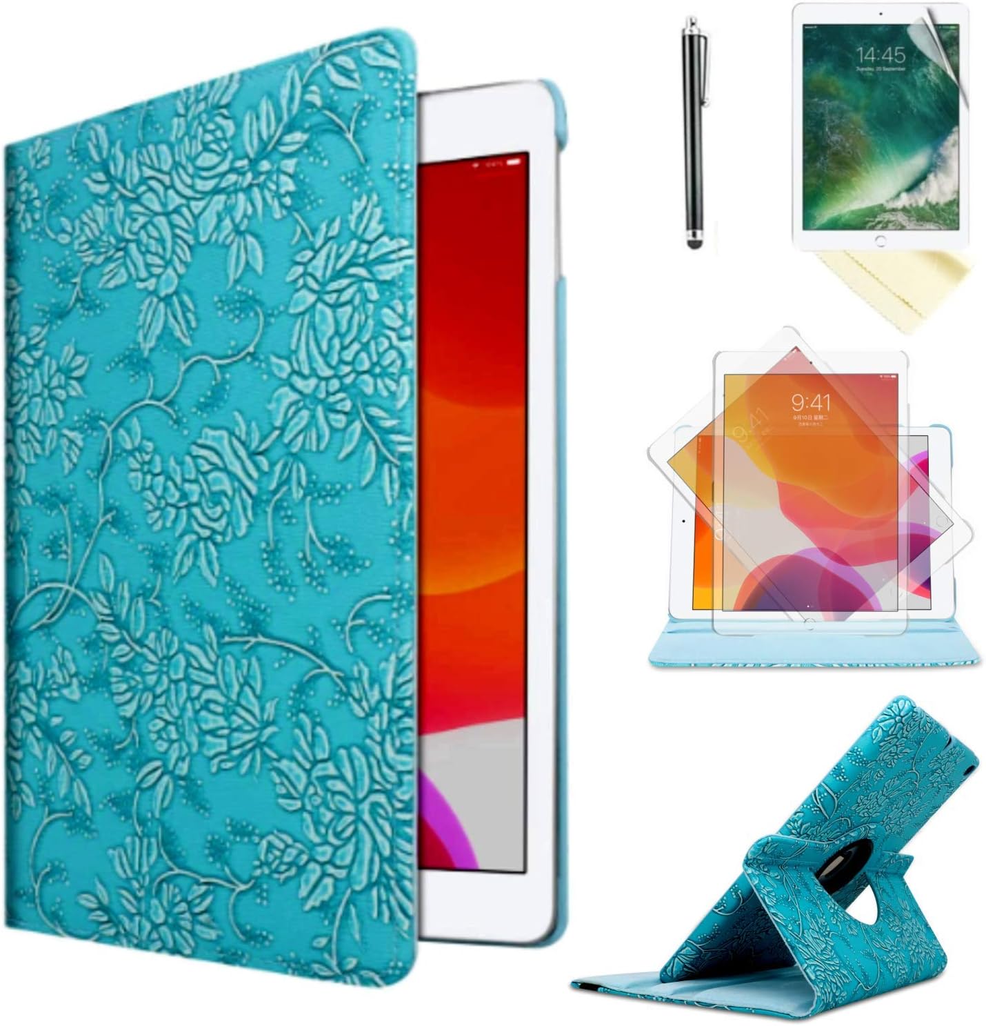 Case for iPad Air 1st Generation Models A1474 A1475A1476 360 Rotating Stand with Wake Up/Sleep Function Also for iPad 6th 5th Air2nd Generation 9.7 inch case (Blue Embossed Flowers)
