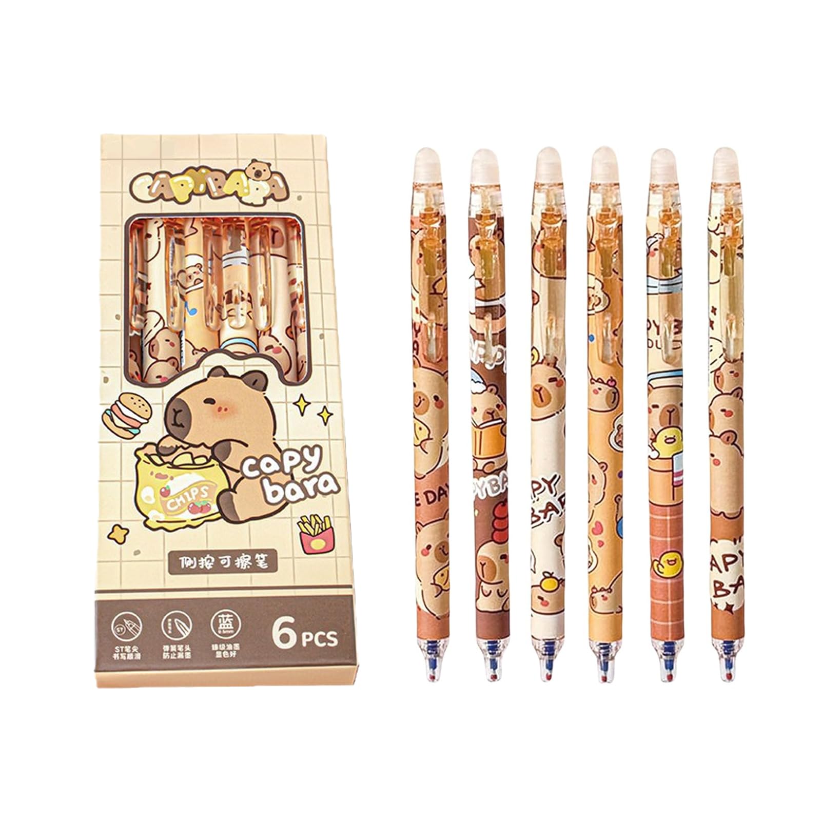 Ginddy Cute Capybara 6-Pack Retractable Erasable Gel Pens - 0.5mm Fine Blue Ink, Fun Cartoon Design, Smooth Writing for School, Office & Gifts (6 pcs)