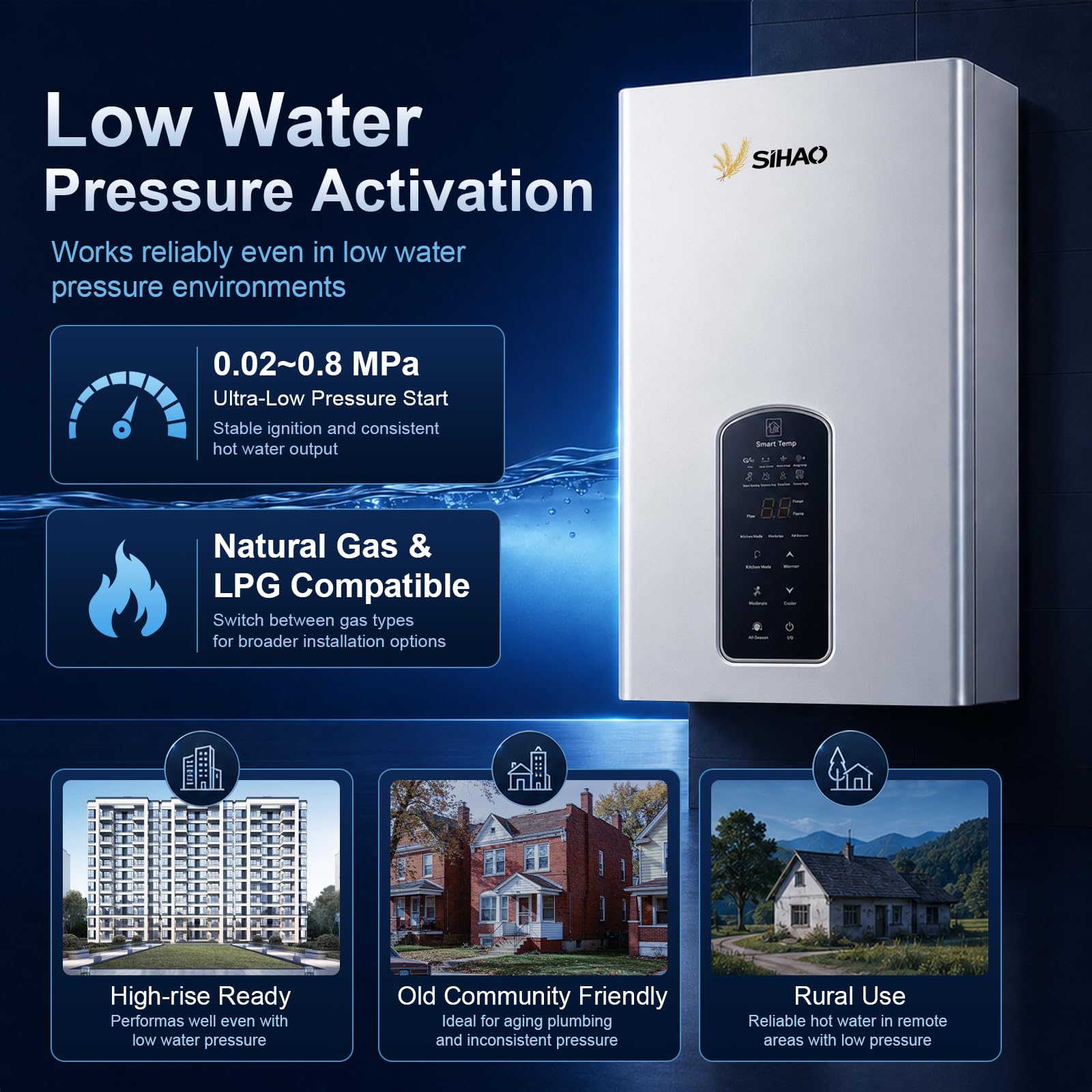 Gas Durchlauferhitzer LPG,Tankloser Warmwasserbereiter mit Smart Touch Display,Sofortige Warmwasserbereitung, Konstante Temperatur, Flüssiggas Propan/Butan, inklusive Duschset & Montageset (14, Liter)