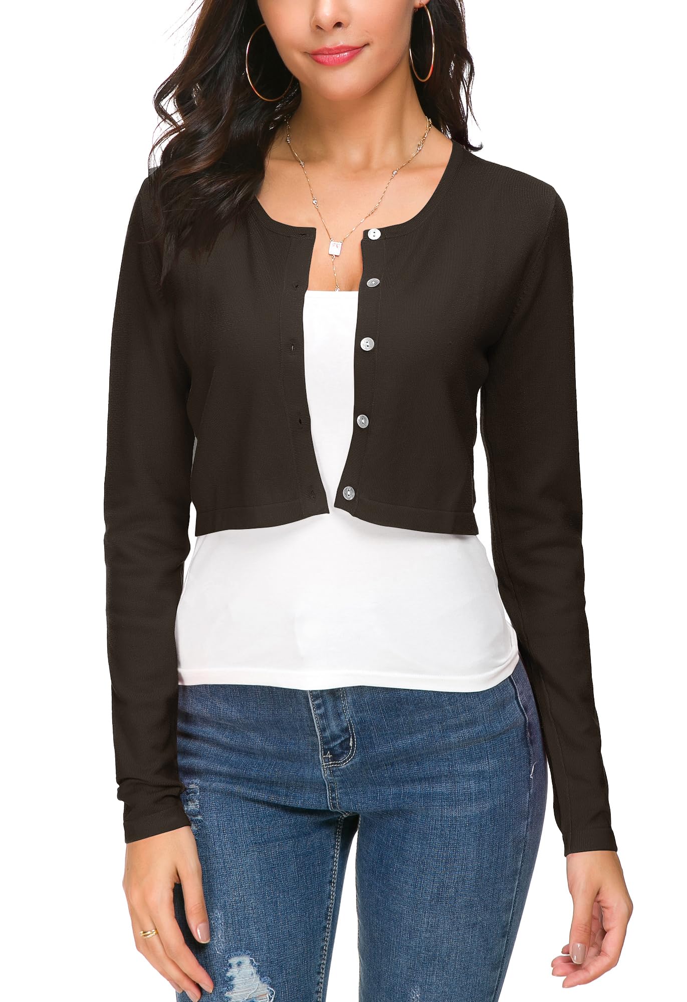 EXCHIC Damen Elegant Langarm Bolero Strickjacke mit Knöpfe Rundhals Festlich Gestrickte Shrug Kurz Cardigan für Kleider