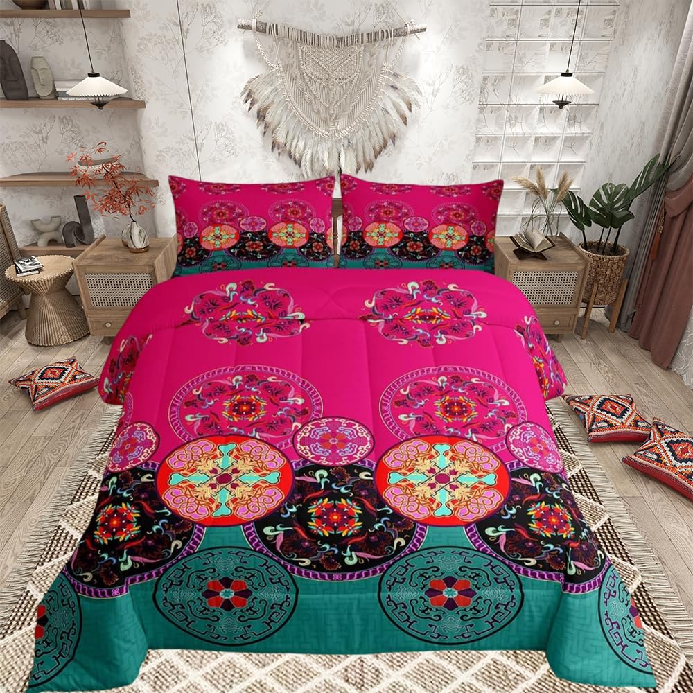 Loussiesd Bohemian Theme Duvet Insert for Kids Boys Ethnic Vintage Floral Printed Bedding Set Microfiber Exotic Tribal Pattern Room Decor Quilt Set 3Pcs Double Size — image 1