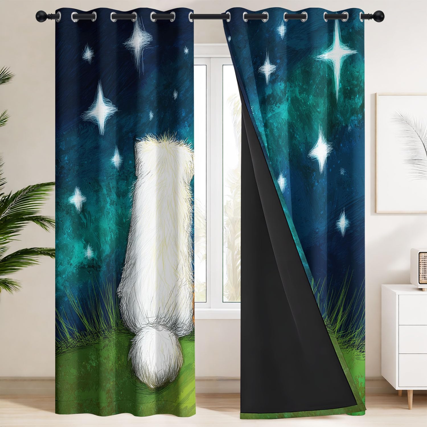 Genérico Cortinas Opacas Oscurecer Ilustración Infantil Cortinas Decor Dormitorio Infantil Animales Perros Lindos Gatos Cielo Estrellado Hierba Romántico Amistad Cortina Térmicas Azul Oscuro 140x245