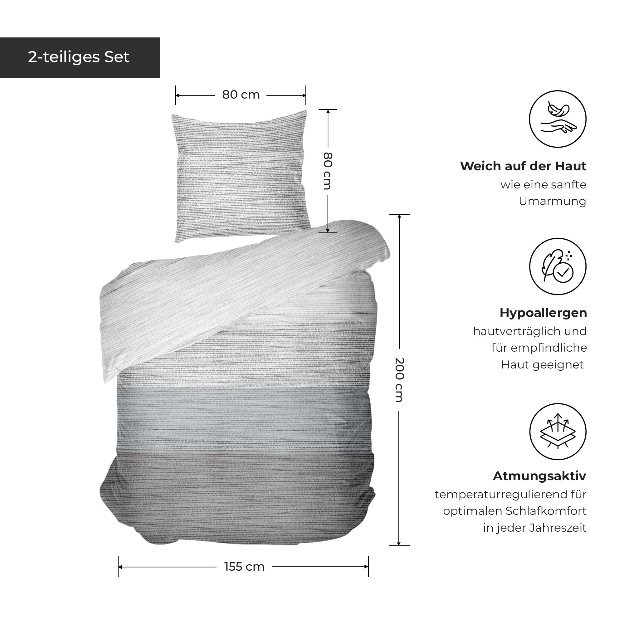 Juego de ropa de cama de 155 x 200 cm, 100 % algodón, transpirable, con cremallera, color gris/azul claro, 2 piezas, funda nórdica y funda de almohada de 80 x 80 cm