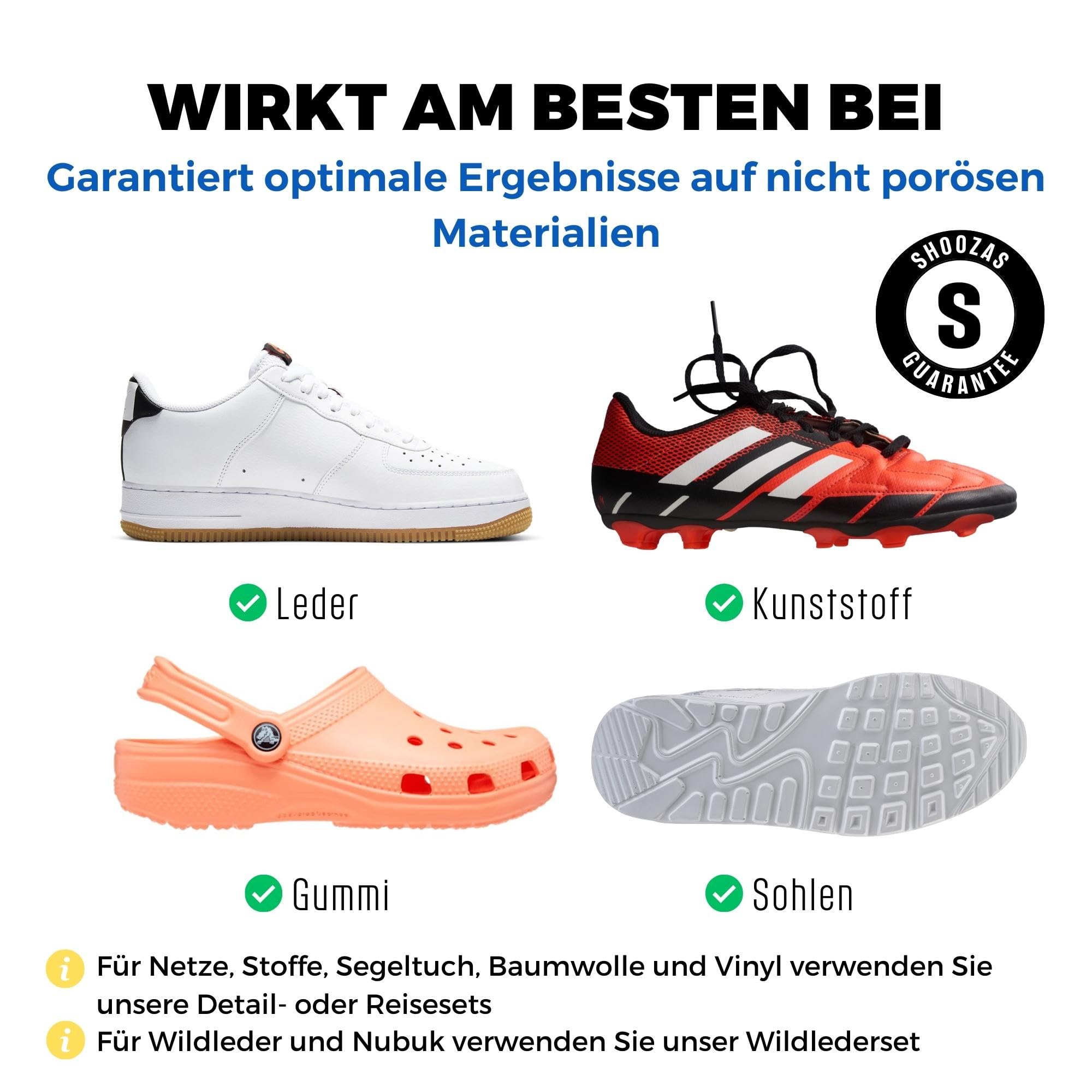 SHOOZAS - Kit zur Schuhreinigung - Schaumreiniger, Wasserdichte Matte, Bürste und Mikrofasertuch - Ideal für Leder, Gummi, Kunststoff und Sohlen - Ohne Wasser, Schnelltrocknend