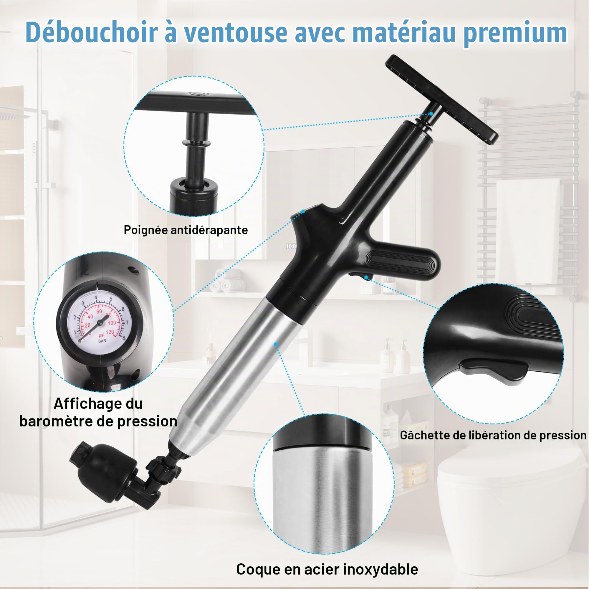 Déboucheur à air comprimé pour toilettes, déboucheur de canalisations, déboucheur à air comprimé haute pression avec baromètre en temps réel, puissant furet de débouchage, déboucheur pour lavabo, outi