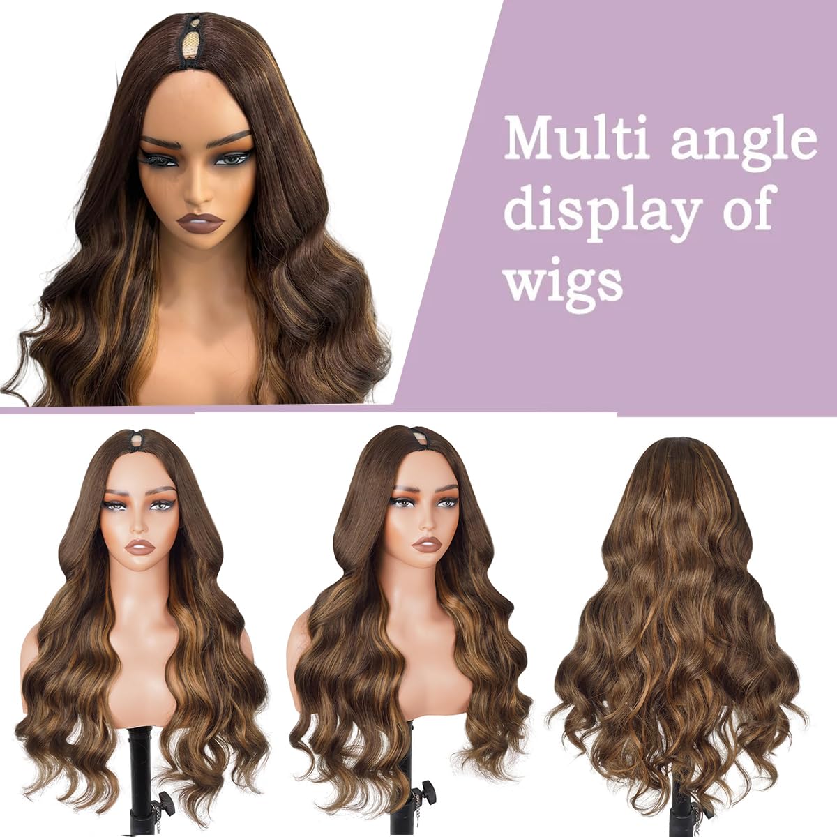 Highlight V Part Wig Wear And Go Glueless Upgrade U Part Wig Body Wave Brown Mixed and Natural Black Synthtic Hair Soft As Human Hair Half Wigs for Black Women 180% Density (#4H27,16")