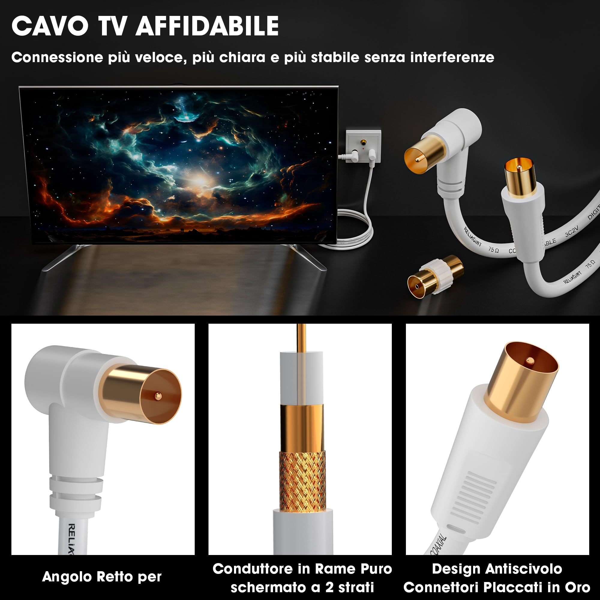Cavo antenna TV 0.5m, cavo coassiale 75 Ohm IEC 9,5 mm maschio-maschio 3C2V rame puro doppia schermatura, connettore angolato, adattatore femmina-femmina incluso, bianco