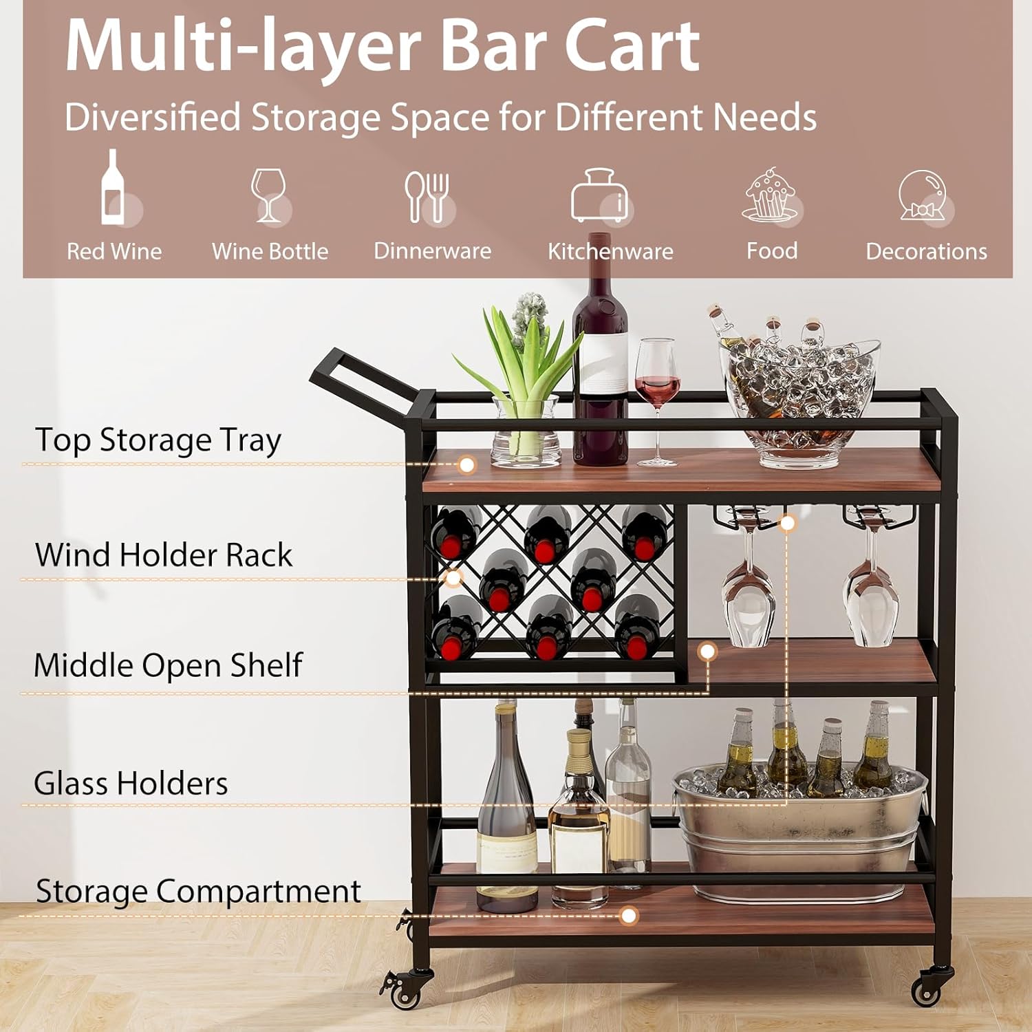 LOKO Industrial 3-Tier Bar Cart, Mobile Kitchen Serving Cart with Wine Rack and Glass Holder, Rolling Serving Cart on Wheels for Home, Kitchen, Dining Room, Living Room (Walnut & Black)