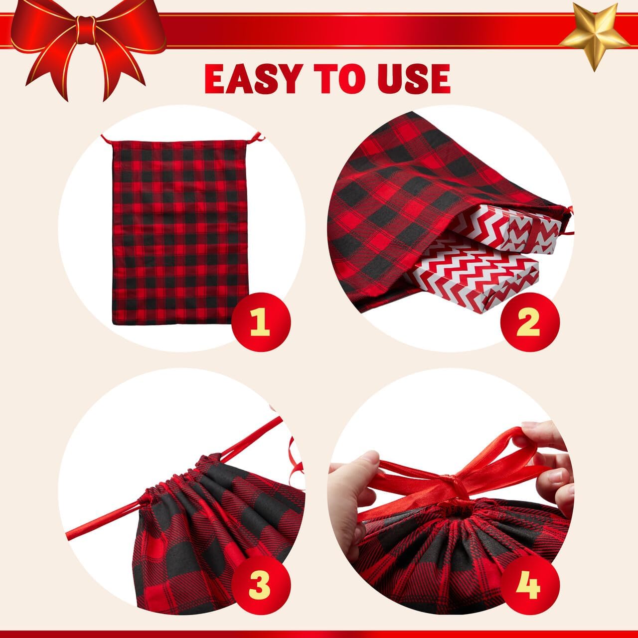 JOYIN 6 PCS Christmas Fabric Drawstring Gift Bag 19" x 14.5", Cotton Buffalo Plaid Sacks in Red and Black, Xmas Plaid Cloth Pouches for Presents Wrapping and Storage, Holiday Party Decor