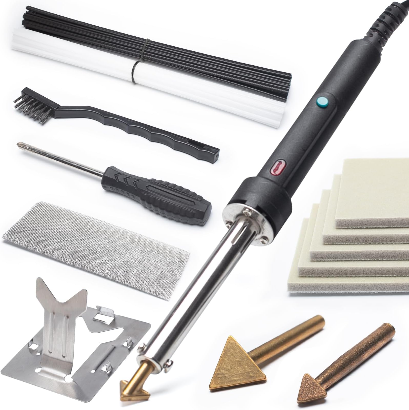 960-IV Bumper Repair Plastic Welder Kit with Power Switch, Indicator Light with 3 Tips, 20/20 Black & White Plastic Rods, 5 Polish Foam, Steel Mesh for Plastic Welding, Fuel Tank, Kayak Repair