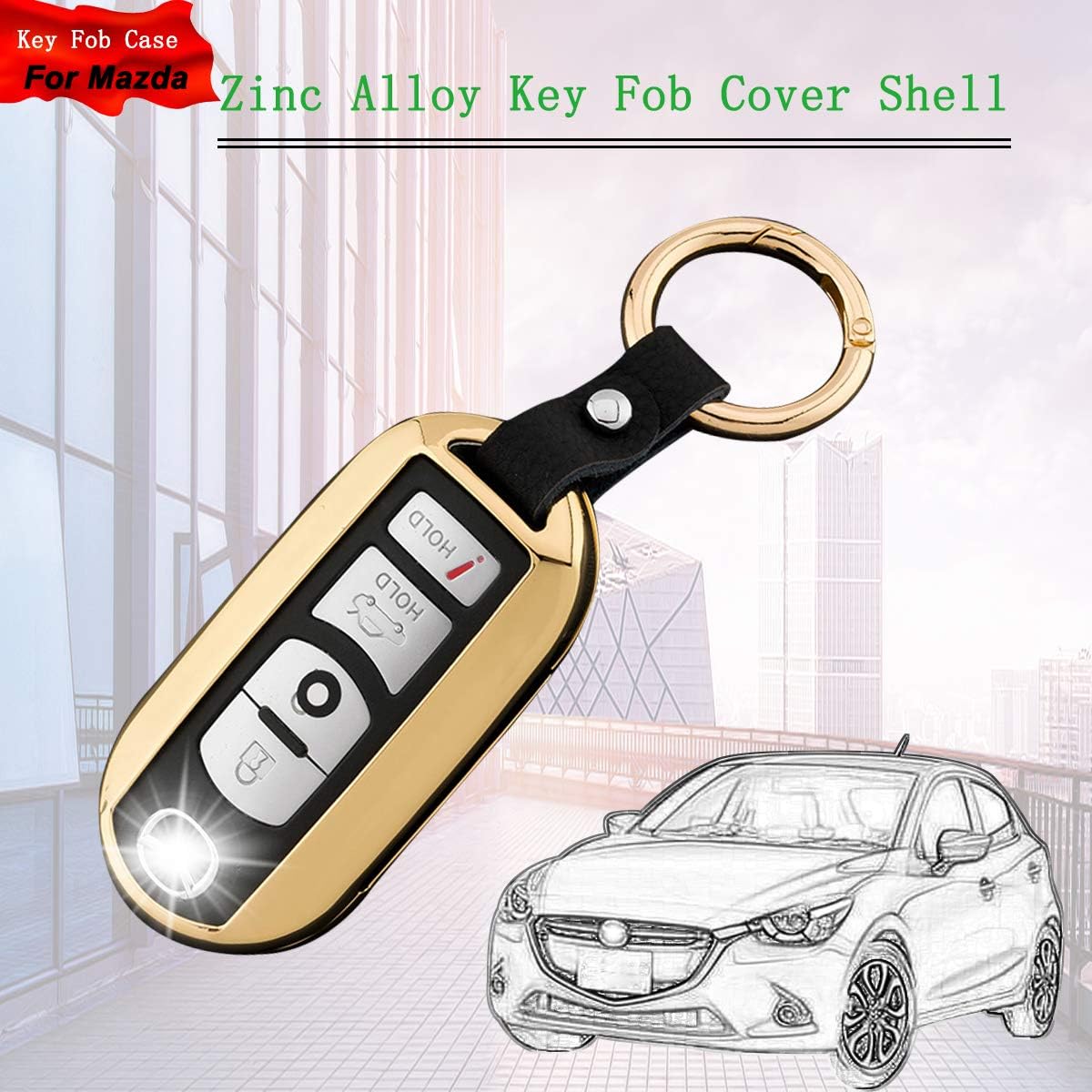 Metal Key Fob Case, Zinc Alloy Smart Remote Control Key Cover Shell with KeyChain for Mazda 3 Mazda 6 2014-2017 Mazda CX-7 CX-9 2010-2012 MX-5 CX-3 CX-5 2016-2018 Car Keyless Entry accessories Gold