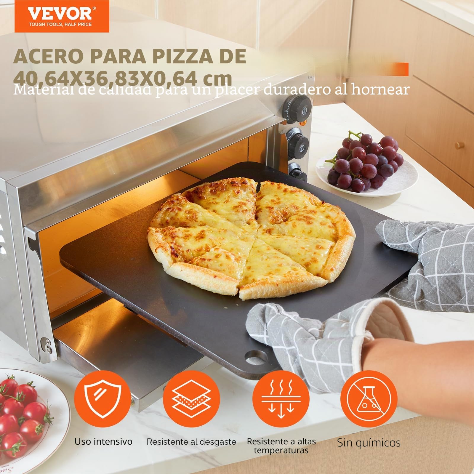 VEVOR Piedra para Pizza 406 x 368 x 6 mm Bandeja de Pizza para Horno Bandeja para Pizza Rectangular de Acero al Carbono Crujiente para Pizza, Pan, Filete, Verduras Frescas o Congeladas, Barbacoa