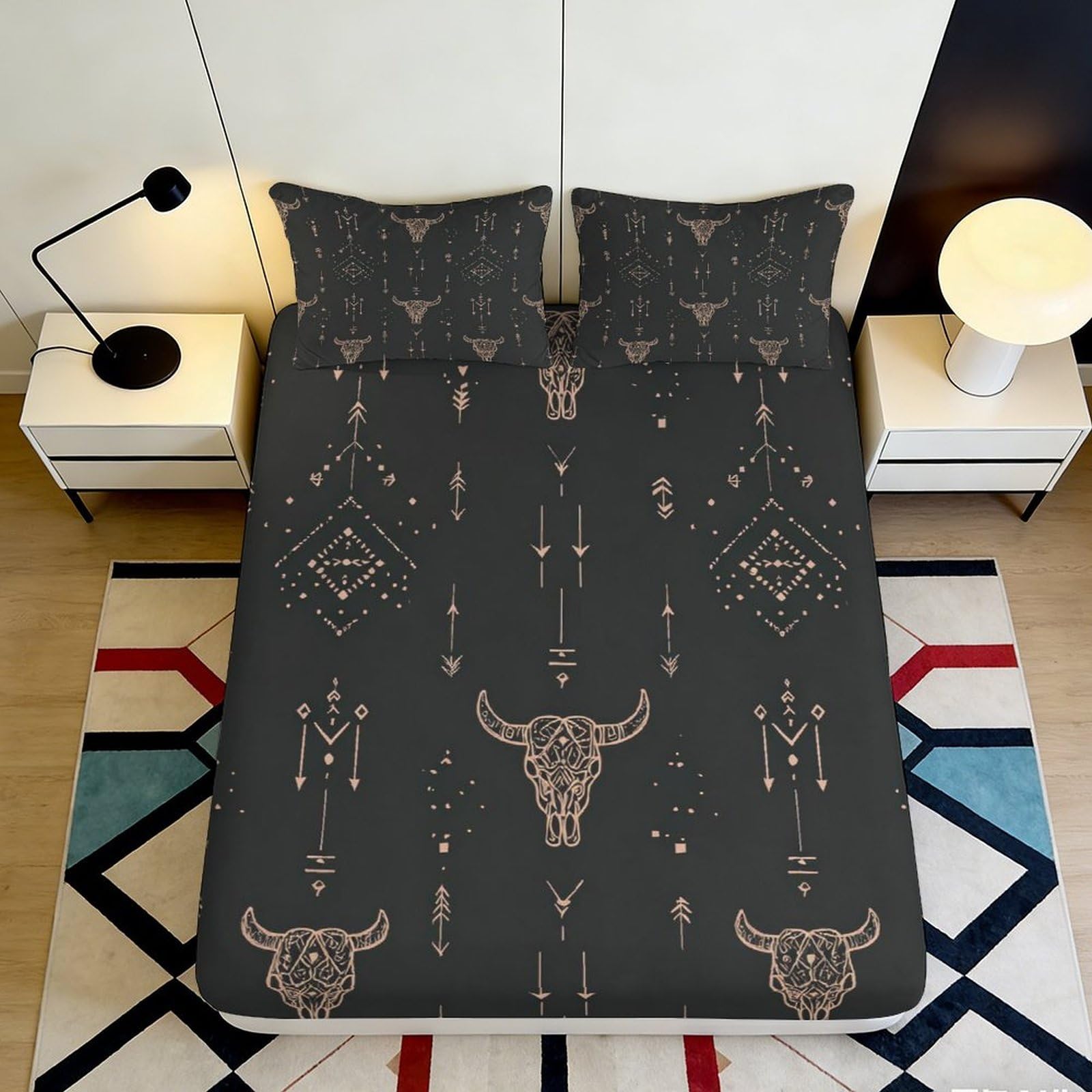 Dhbaneiok Style-7 3D Printed Western Bull Skull Fitted Sheet Microfiber Soft Breathable Tribal Arrow Bed Cover For Bedroom Decor 90X200x25cm