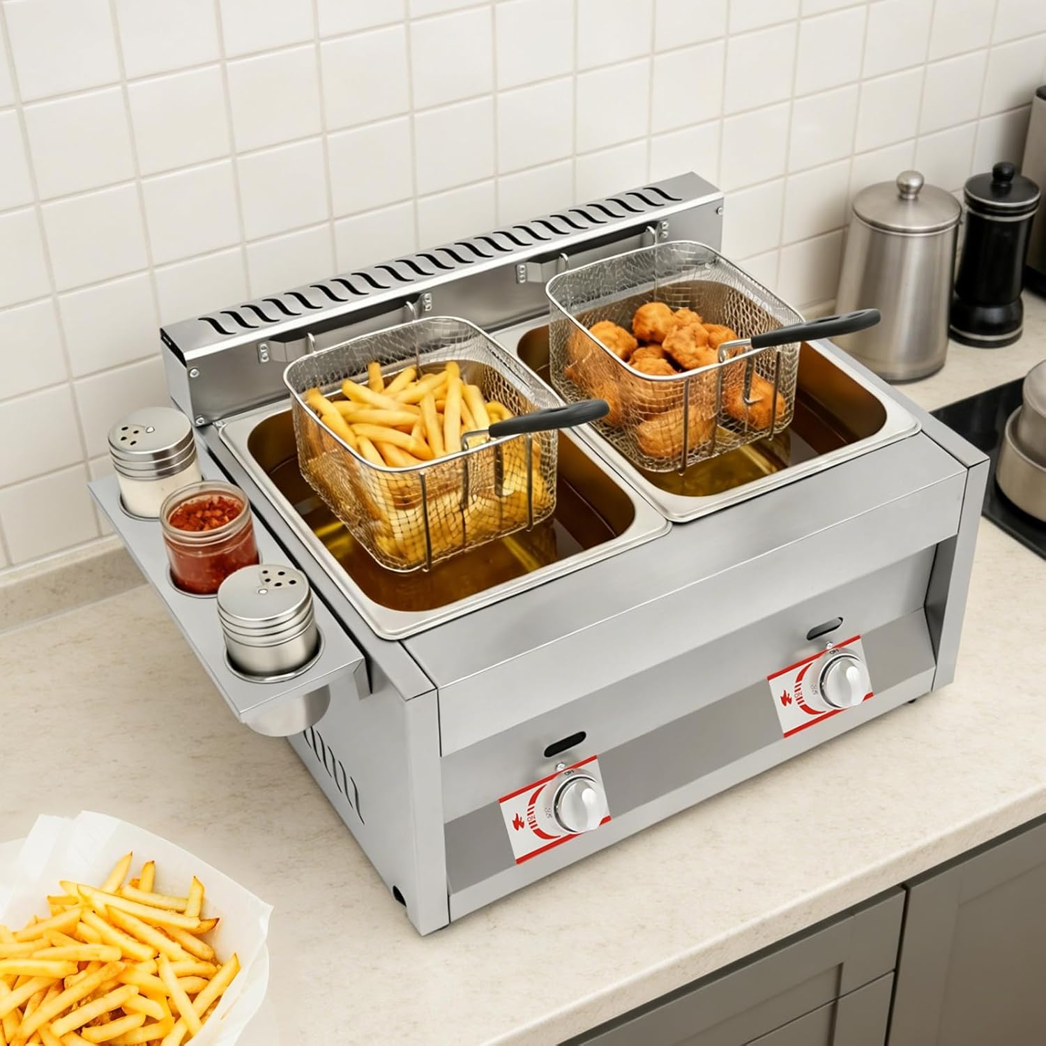 Commercial Dual Tank Deep Fryer, 430 Stainless Steel Propane Fryer with Basket, Frying Machine with Independent Temperature Control for Restaurant Catering & Home Kitchen