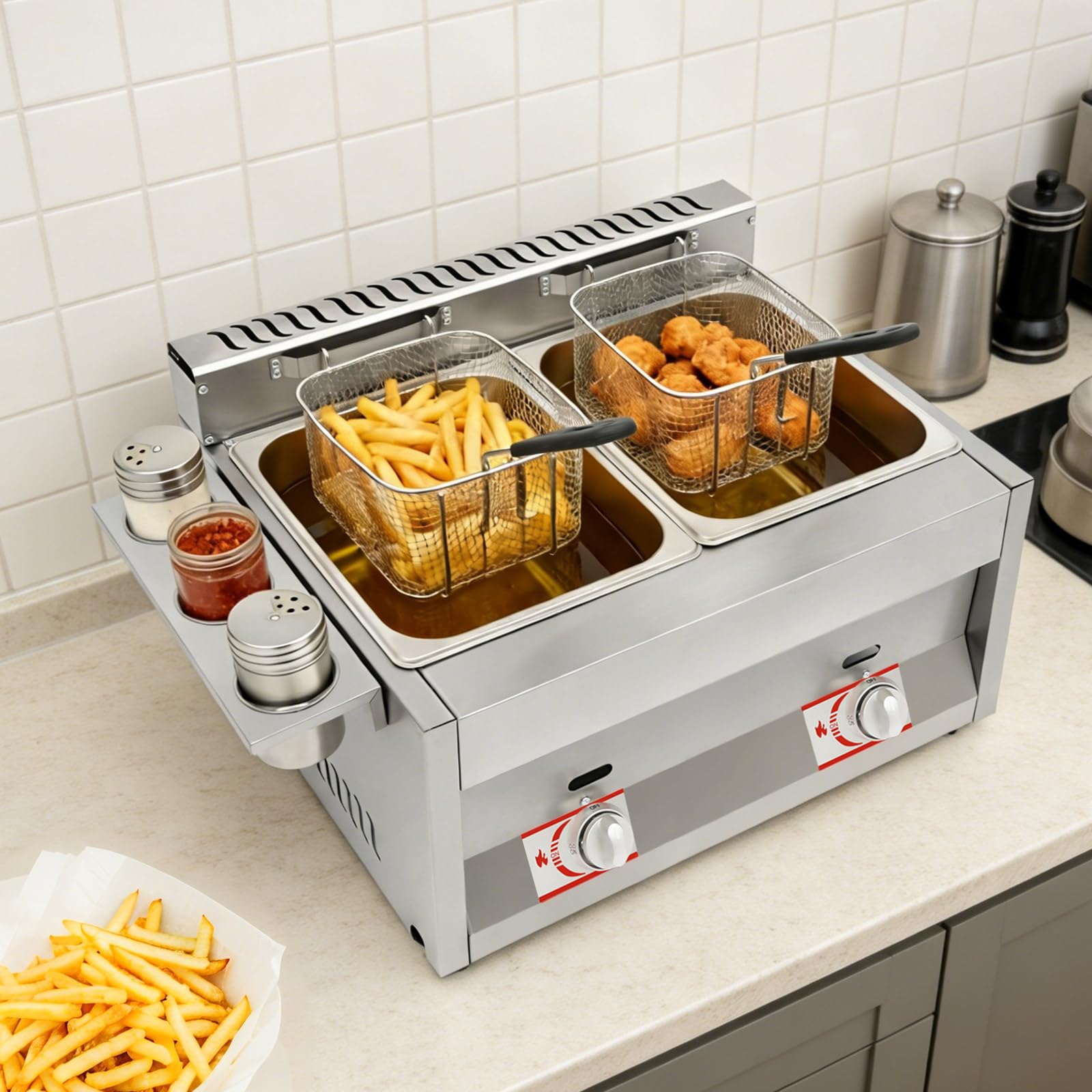 Friggitrice a gas commerciale, 2 x 6 l, doppio serbatoio, friggitrice da tavolo con regolazione indipendente della temperatura 50-380 °C, cestini e coperchio, a risparmio energetico, antiscivolo, per