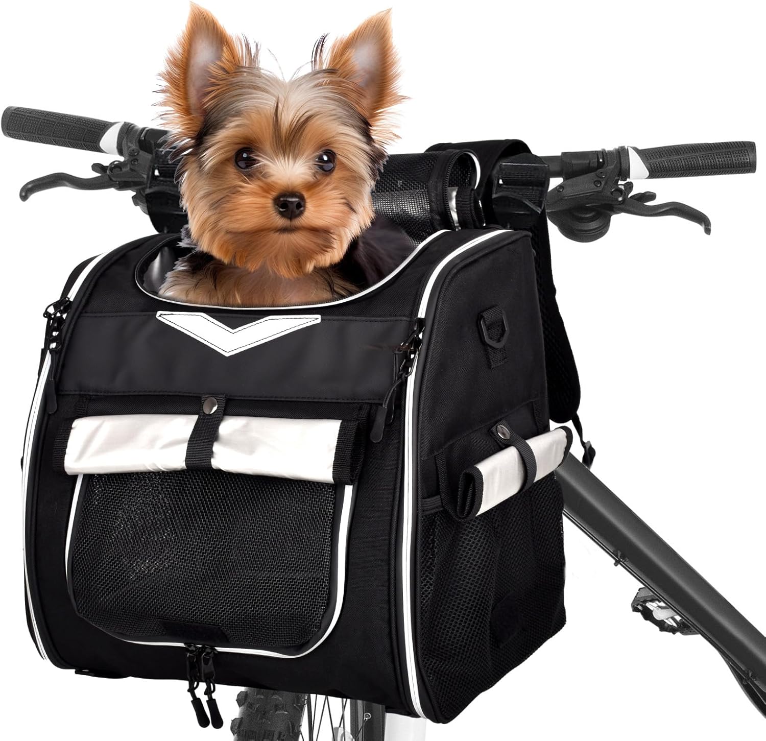 Dog Bike Basket, Foldable Pet Bike Carrier Backpack with Safety Strap, Waterproof Pet Bike Basket Suitable for Small Cats Kitten Puppy Dogs （New Black）