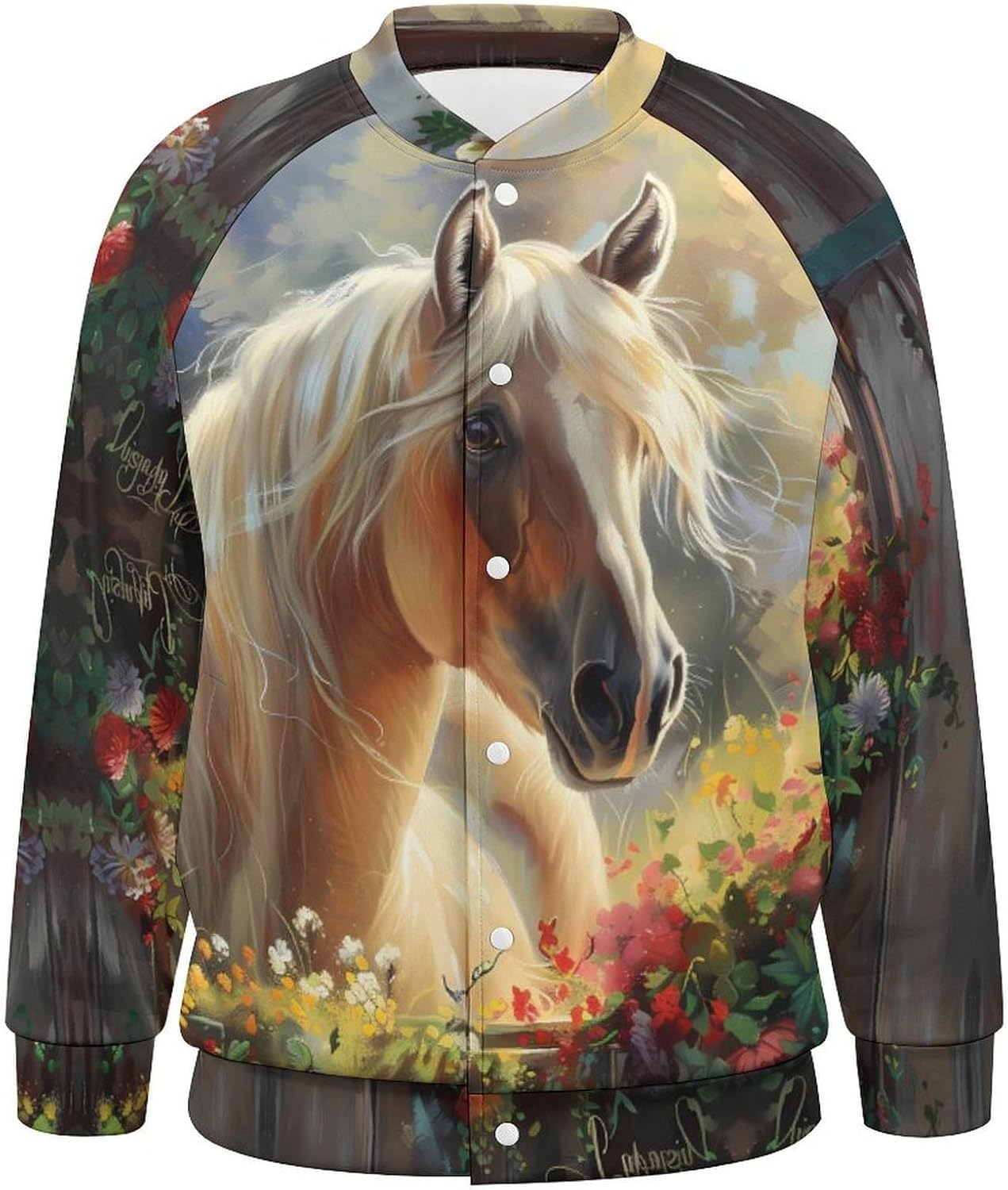 Horse From Window Flower Novelty Men's Baseball Jackets Causal Sweatshirt Button Top Long Sleeve Coat