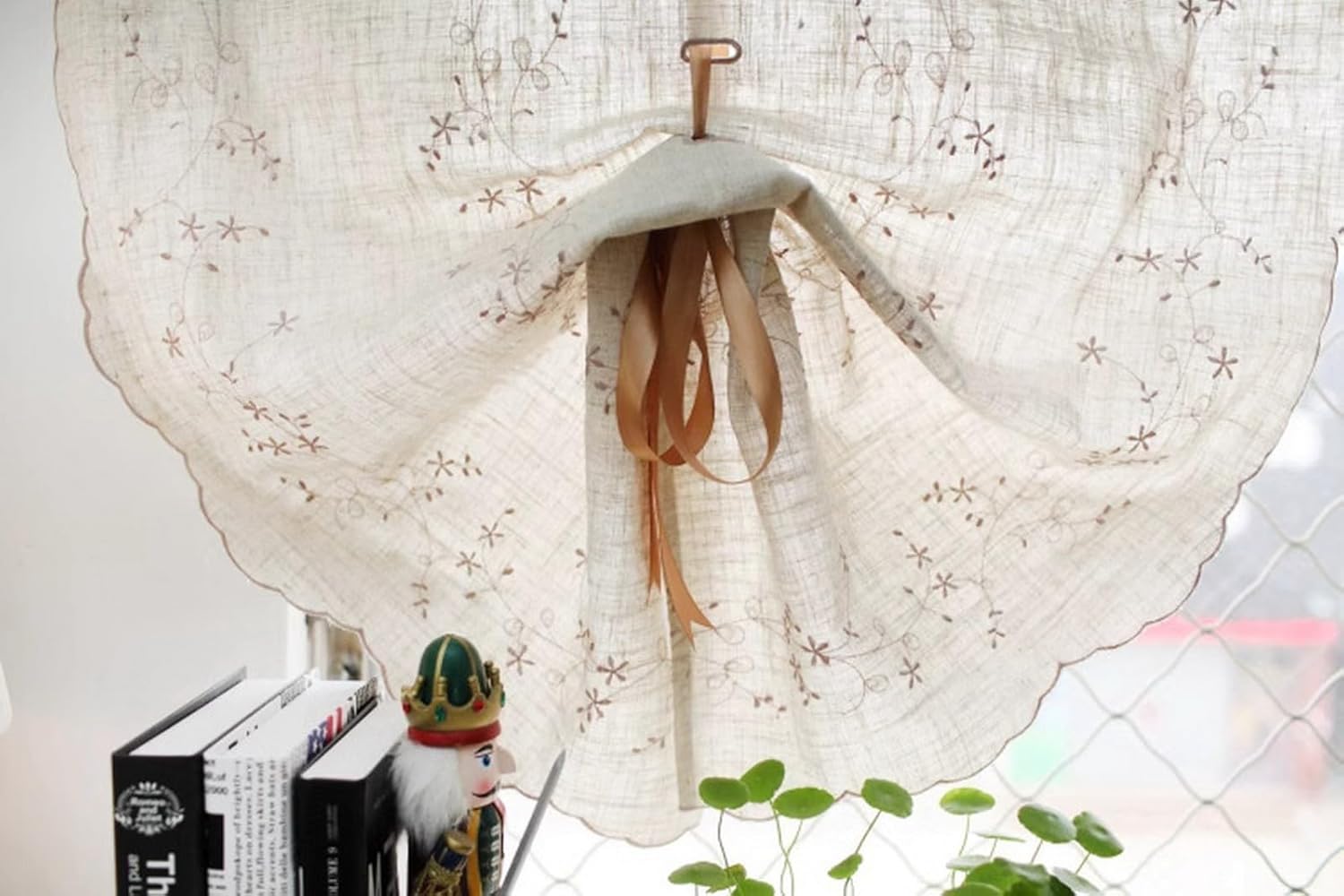 Cotton Linen Semi Transparent Floral Embroidered Fabric Balloon Curtain Window Roman Shades Window Treatment Tie Up Curtain Farmhouse Adjustable Tie Tieup, Rod Pocket/Pinch Pleat, 2 Pieces